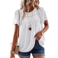 Womens Summer Tops Crewneck Short Sleeve Shirts Casual Chiffon Blouses Flowy Lace Hem Boho Clothing Trendy 2026