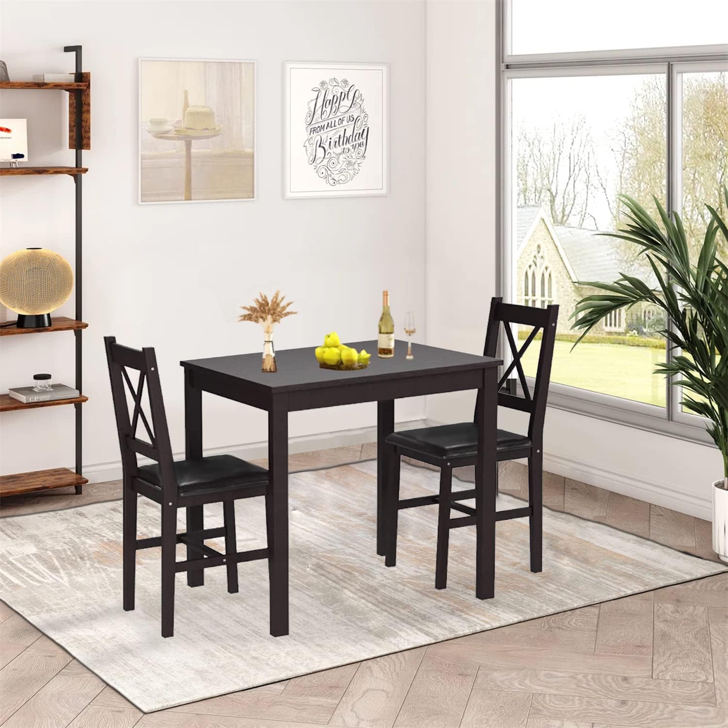 3-Piece Solid Wood Kitchen Table Set For 2 | Pine Dining Table With Upholstered Chairs | Space-Saving Design | Smooth Easy-To-Clean Surface | For Dining Room, Apartment, Restaurant, Dark Brown