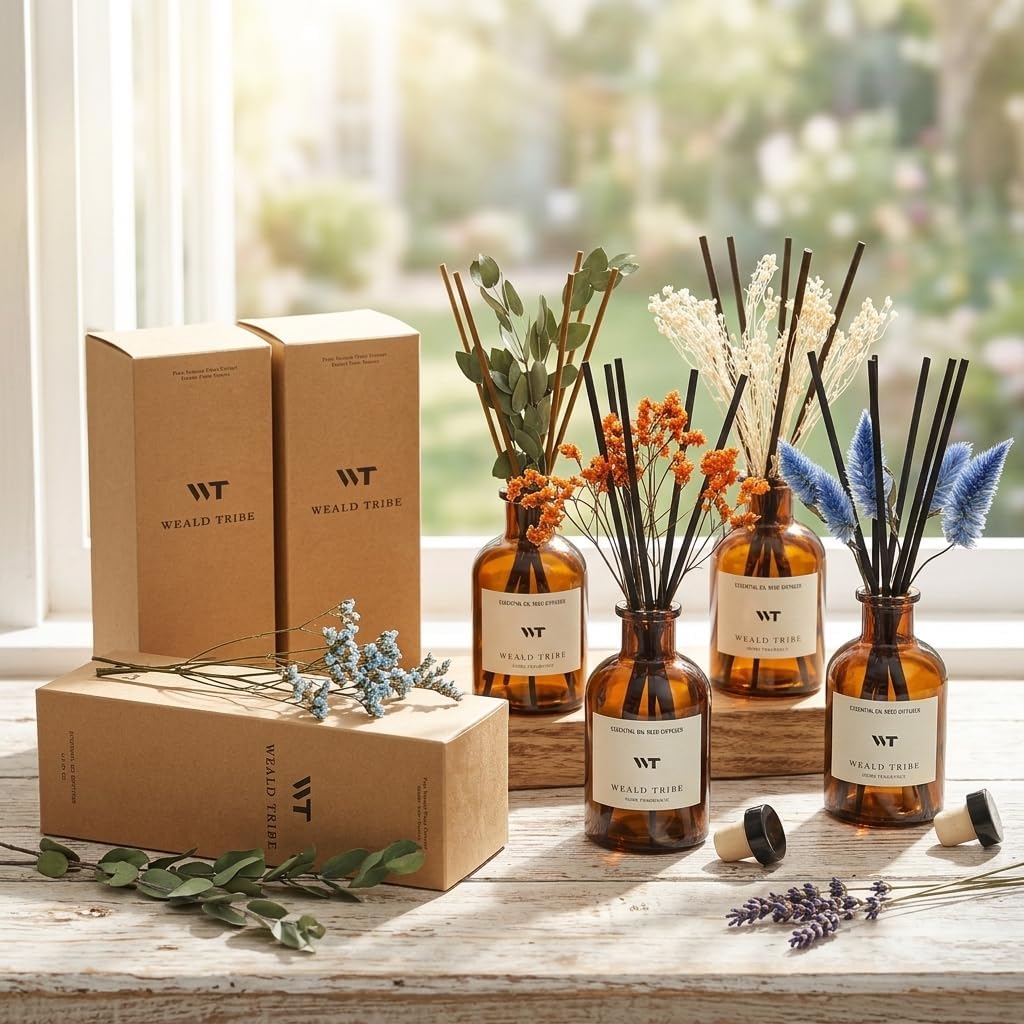 Flower Reed Diffuser Set Eucalyptus & Lavender Scent For Room Bathroom Accessories Shelf Decor & Air Fresheners, Sticks Defusers With 4.0 Fl Oz Essential Oils, Home Fragrance Office Gift