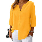 Lomon 3/4 Length Sleeve Womens Tops V Neck 3/4 Sleeve Sides Slit Button Down Shirts Cotton Linen Casual Loose Blouses