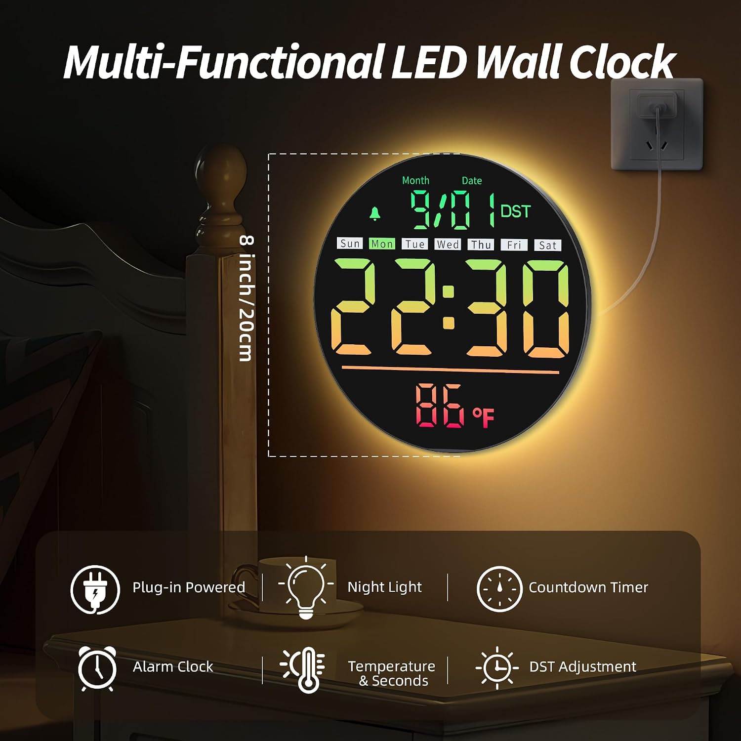 Maxstar Led Digital Wall Clock With Timer, Seconds, Temperature, Date, Dst, Nightlight, Rgb Color, Alarm Clock, 5-Level Display Brightness, Digital Clock Timer For Classroom, Bedroom, Garage, Gym