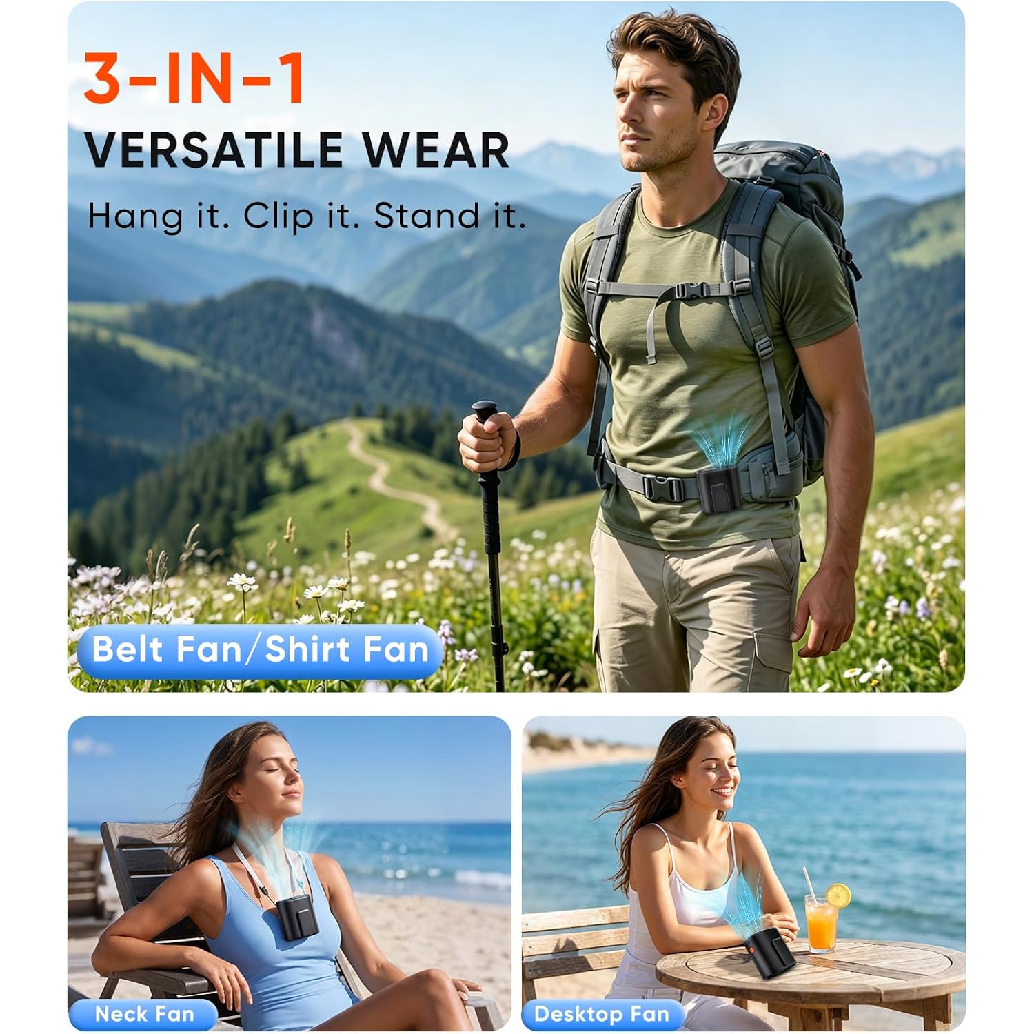 Ai Portable Waist Fan, 6-Speed 15,000Rpm Strong Turbo Airflow, 30H Cooling Battery Powered Personal Fan Rechargeable, Wearable Hands-Free Shirt/Belt/Body Fan For Travel, Work, Outdoor, Gift For Men