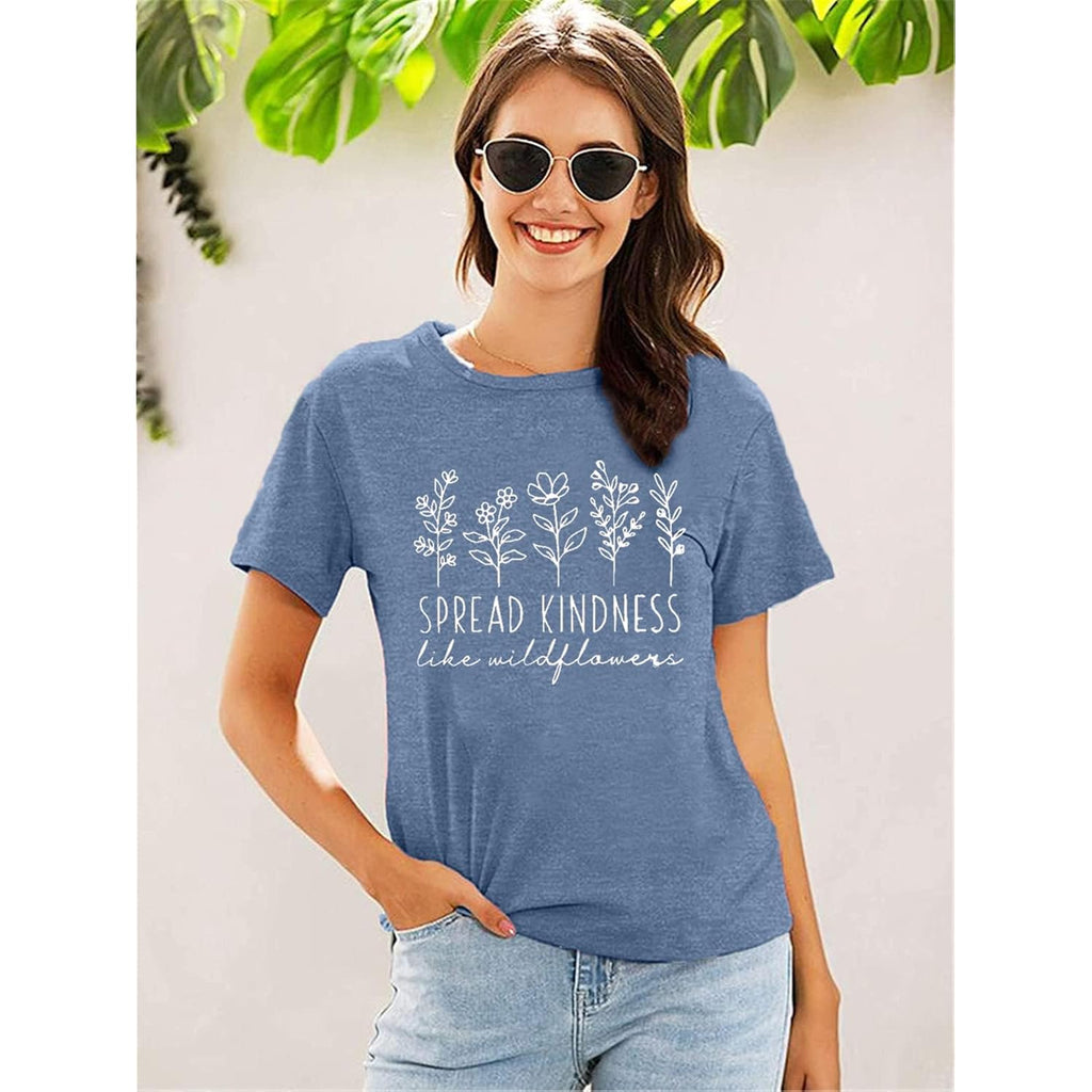 Spread Kindness Like Flower T-Shirt for Women Cute Flower Graphic Shirt Casual Positive Inspirational Short Sleeve Tee Top Ink Blue