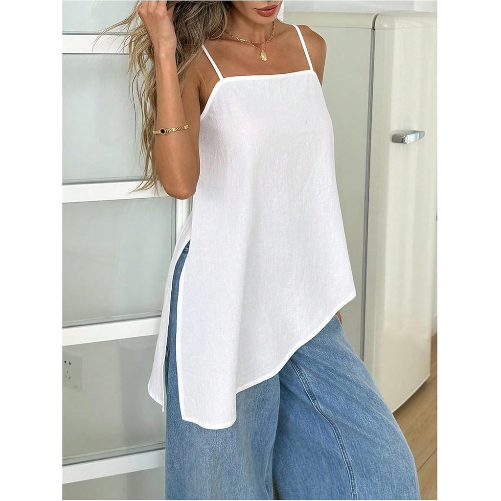 SHENHE Women's Summer Long Camisole Top Asymmetrical Split Hem Spaghetti Strap Cami Tank