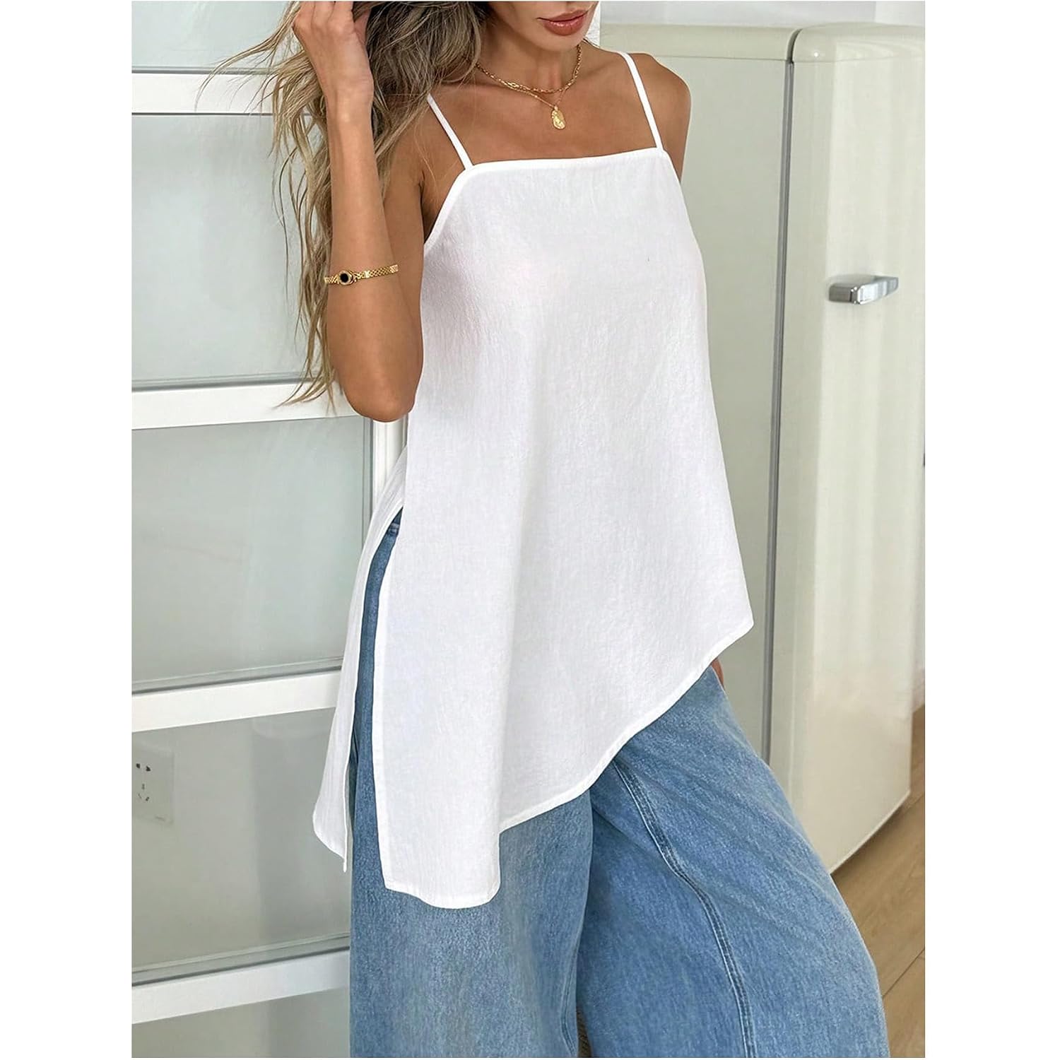 SHENHE Women's Summer Long Camisole Top Asymmetrical Split Hem Spaghetti Strap Cami Tank