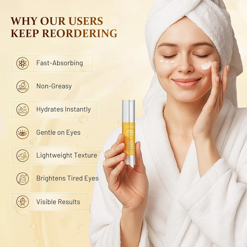 Retinol Eye Cream For Dark Circles & Puffiness – Hydrating & Moisturizing Under Eye Treatment For Wrinkles, Fine Lines & Eye Bags, Gold Formula For Smooth, Revitalized Skin, 0.65 Fl Oz