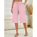 Womens Capris Pants High Waist Drawstring Comfy Casual Pants Lightweight Trousers Buttons with Pockets