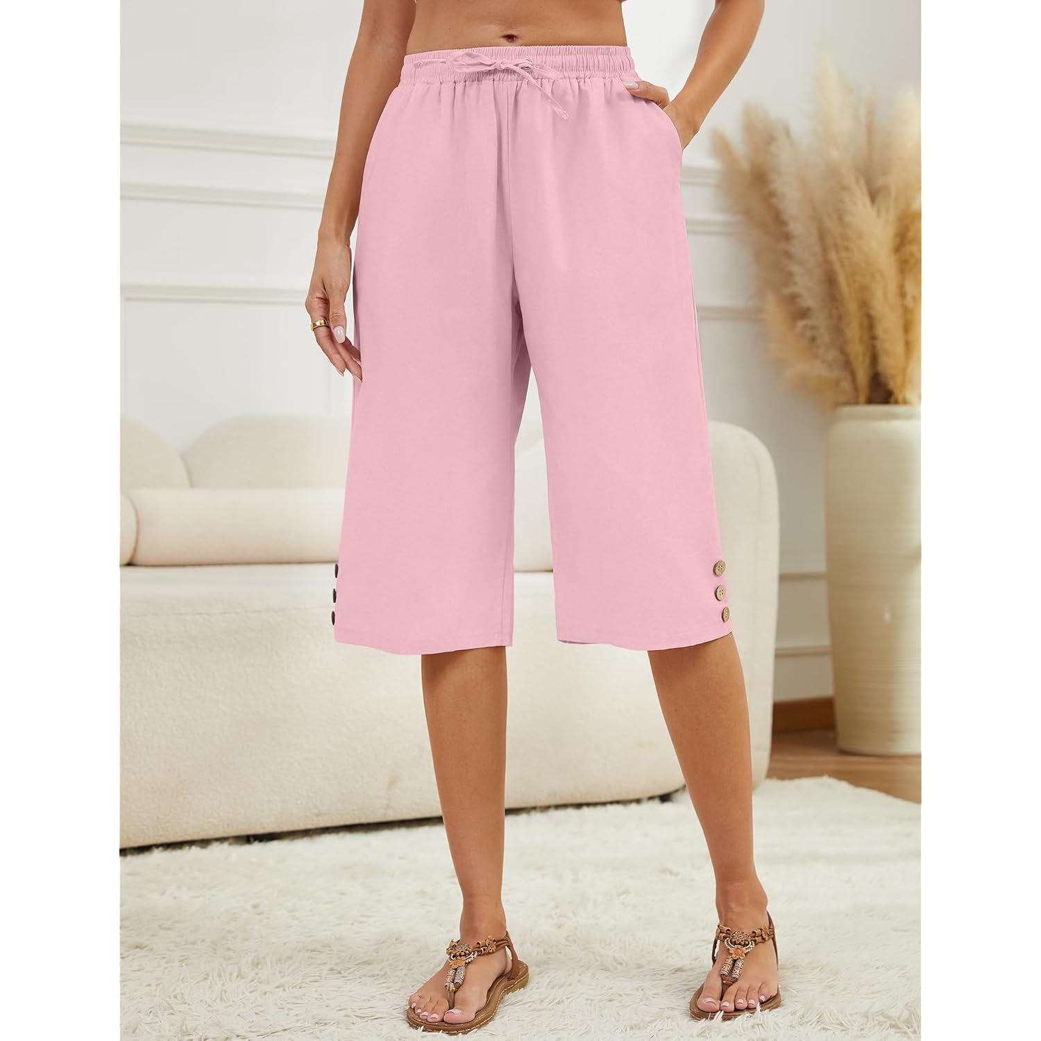 Womens Capris Pants High Waist Drawstring Comfy Casual Pants Lightweight Trousers Buttons with Pockets