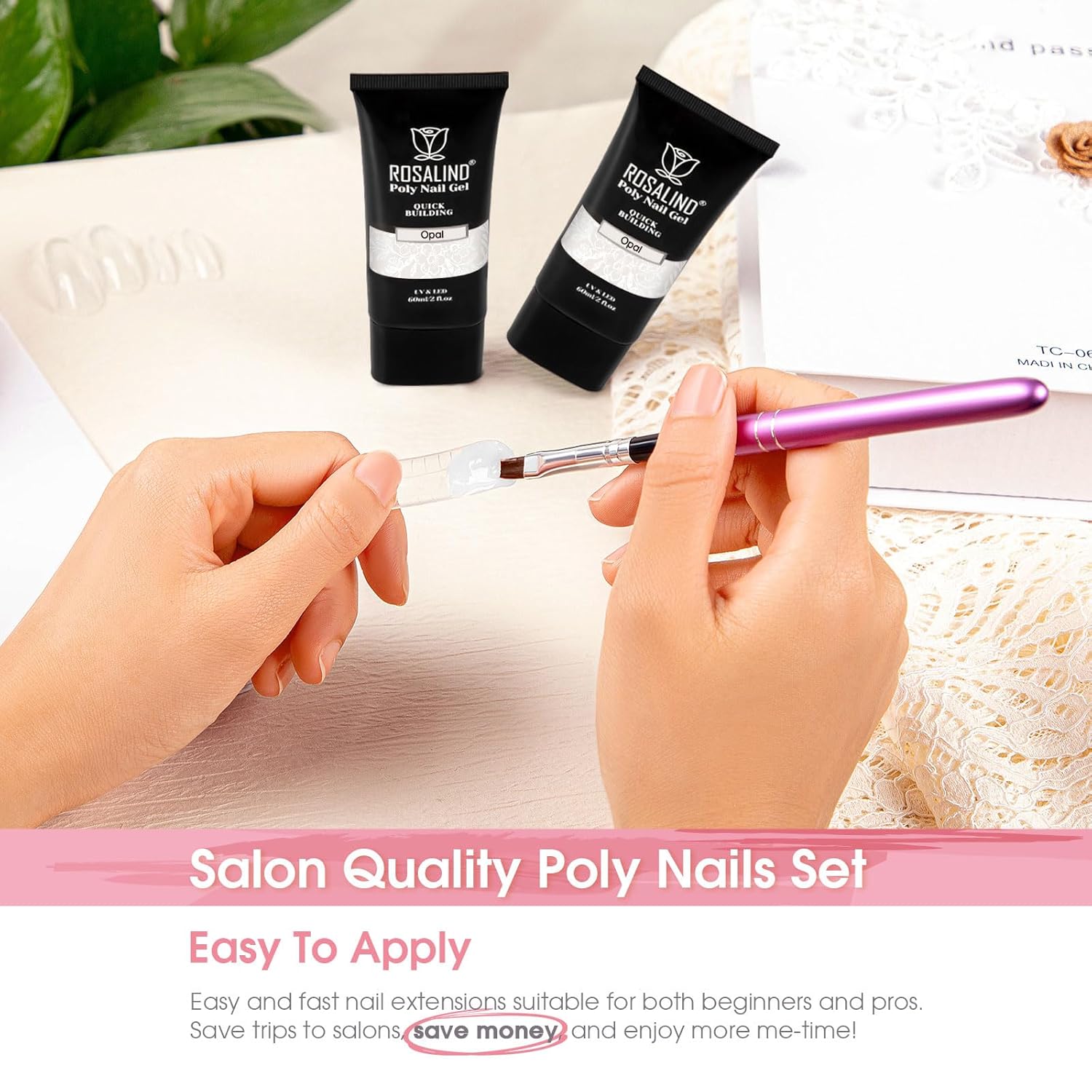ROSALIND White Poly Extension Gel, 2 PCS 2 oz White Poly Nail Gel kit Nail Builder for Opal Nail Art Decoration, Nail Thickening Poly Nail Gel Tube Easy to DIY Use Need UV Lamp