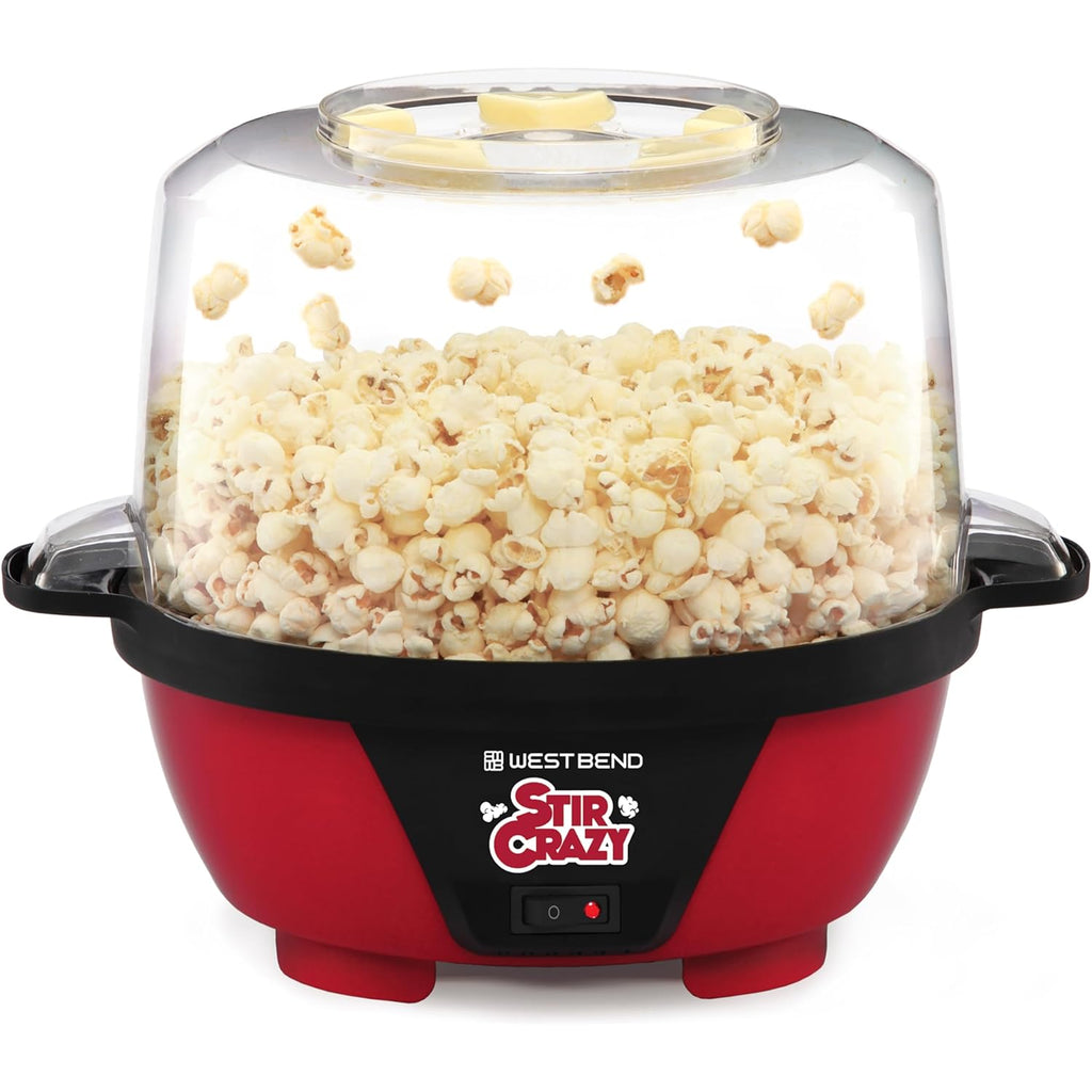 West Bend Stir Crazy Hot Oil Popcorn Popper, Popcorn Maker Machine with Large Serving Bowl Lid and Stirring Rod Perfect for Movie Night Snack Time or Parties, 6-Quart, Red