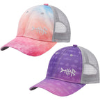 BASSDASH 2 Pack Altimate Fishing Hunting Hat Mesh Back for Men Women Adjustable Baseball Trucker Cap Camo Blaze Orange Rosy Clouds, Gradient Purple
