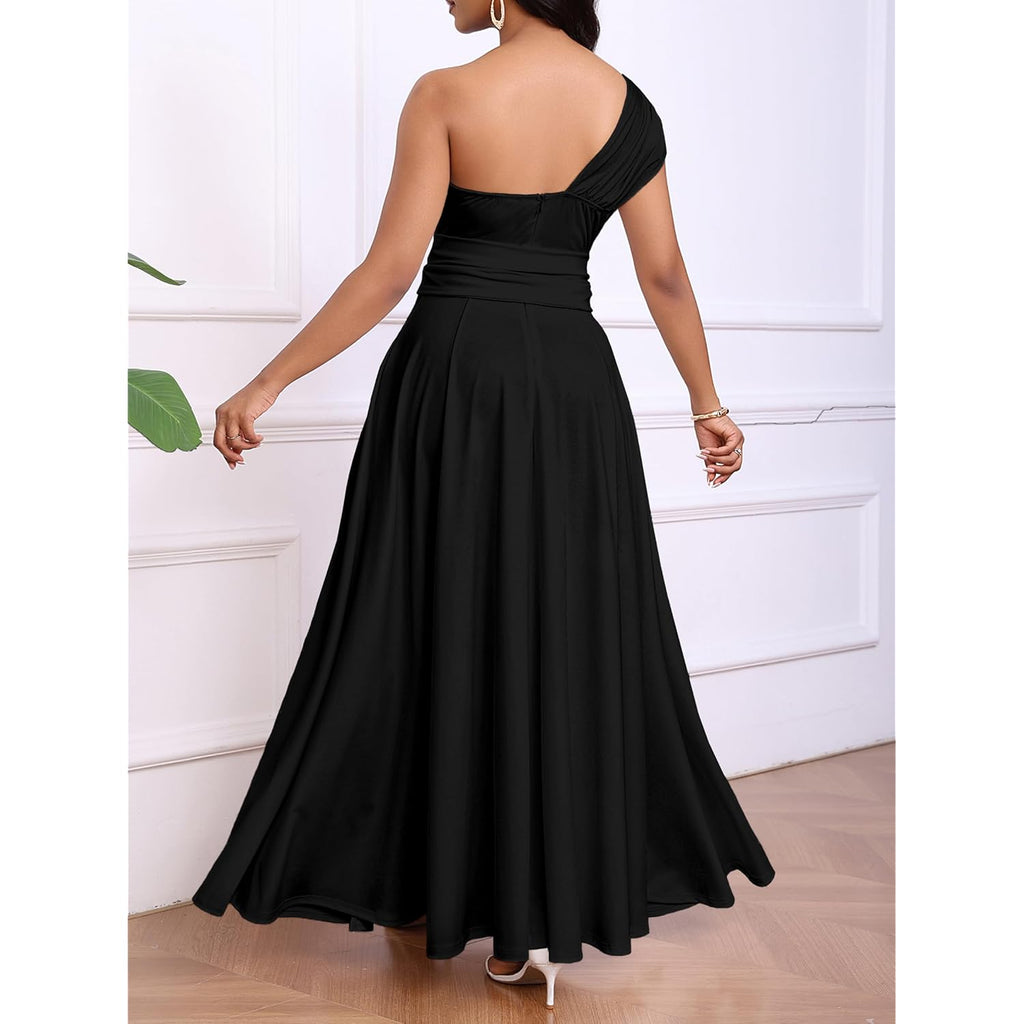 Ekaliy Women'S One Shoulder Belted Maxi Dress Long Formal Wedding Guest Dress With Pockets