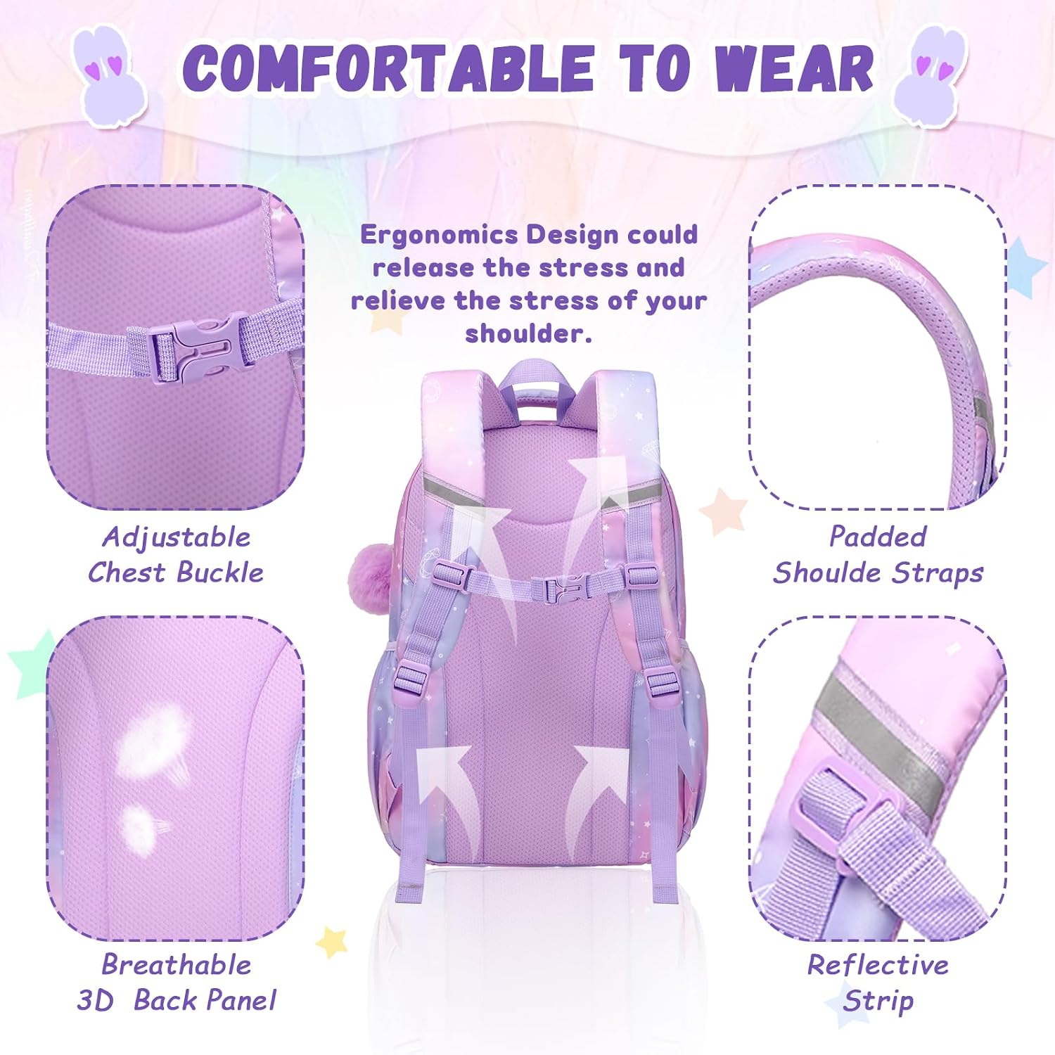 Kids Backpack For Girls - School Bags For Middle School Students - Book Bag For Elementary Primary - Kawaii Ita Backpack - Purple