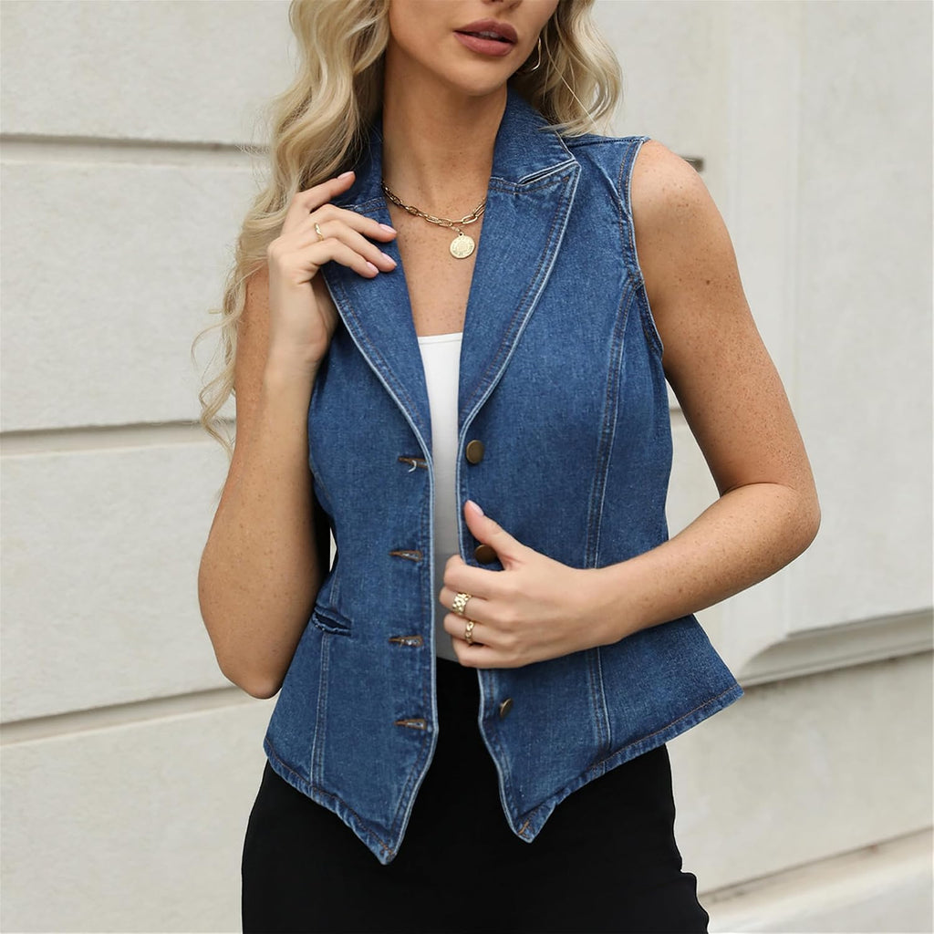 Lapel Denim Vest For Women Sleeveless Jean Waistcoat Vest Top
