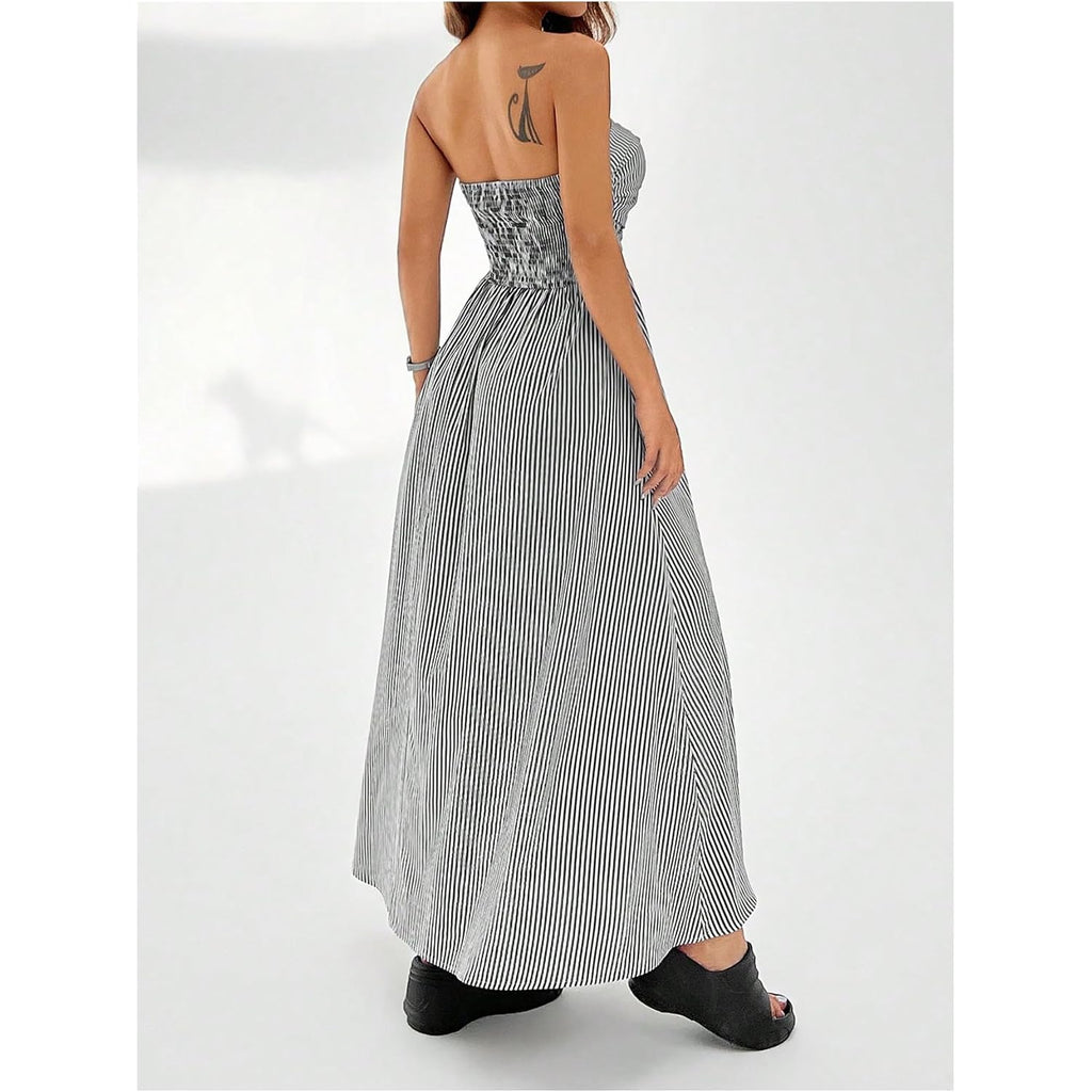 Milumia Women'S Striped Strapless Maxi Dress Summer Casual Tube Top Long Dresses With Pocket