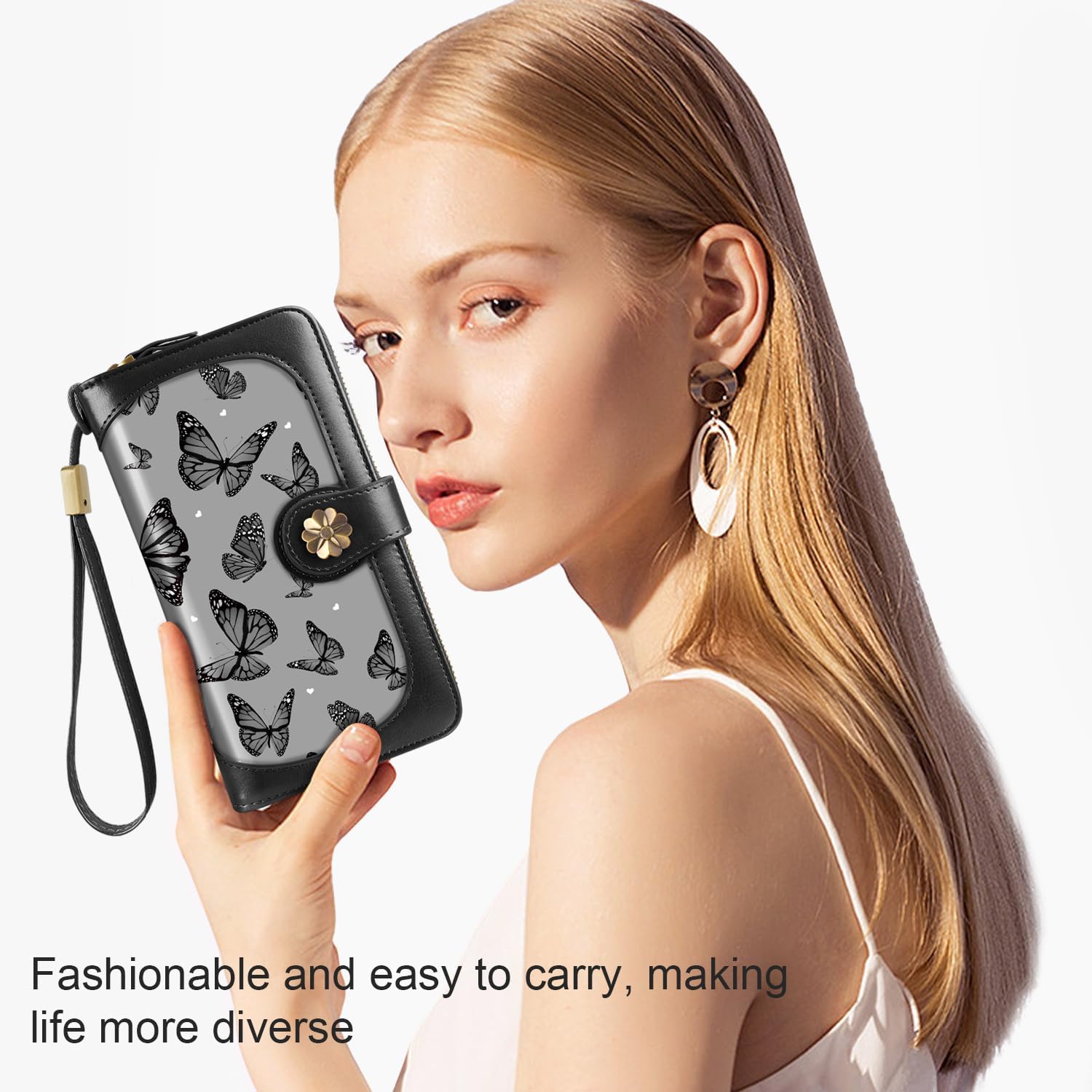 Coco Rossi Women Wallets Multi Card Case Wallet Clutch Wallet Card Holder Organizer Ladies Purse Wrist strap Purse, Black Butterfly