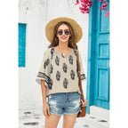 GUNEST Boho Tops for Women V Neck 3/4 Sleeve Lightweight Blouses Trendy Loose Fit Bohemian Dressy Casual Peasant Tunic Blouse
