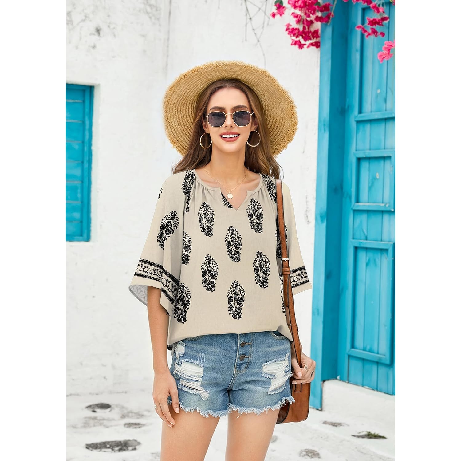 GUNEST Boho Tops for Women V Neck 3/4 Sleeve Lightweight Blouses Trendy Loose Fit Bohemian Dressy Casual Peasant Tunic Blouse