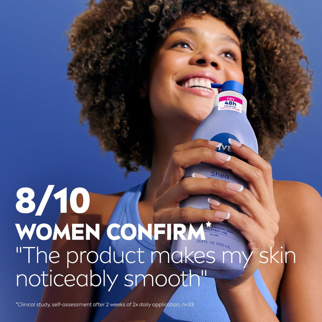 Nivea Shea Nourish Body Lotion For Dry Skin With Hyaluronic Acid, Shea Butter And Deep Nourishing Serum, 48-Hour Body Moisturizer, 33.8 Fl Oz Pump Bottle