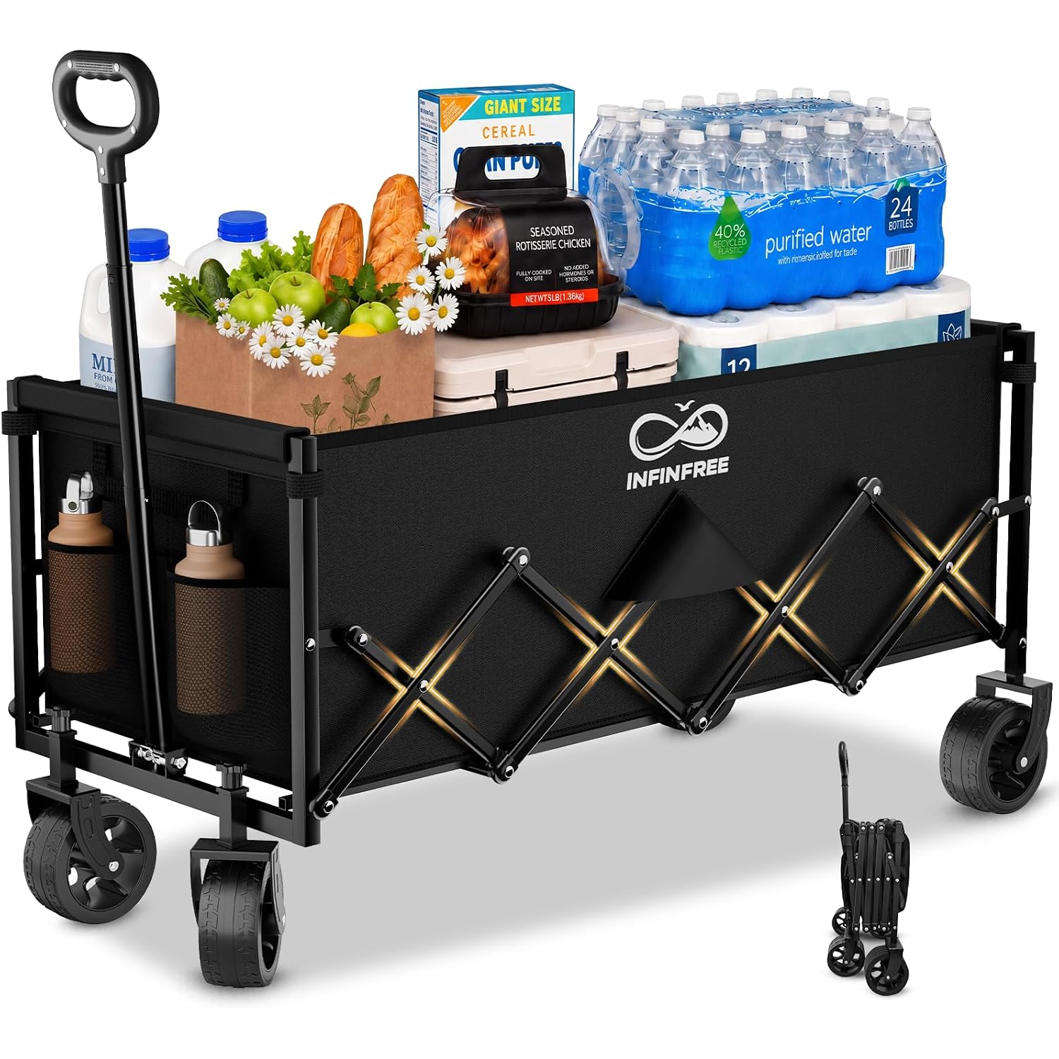 34" Extra Long Foldable Wagon With All-Terrain Wheels, 260 Lbs Capacity Collapsible Utility Cart For Grocery Shopping, Apartment Moving, Camping, Picnic, Sports (Black)