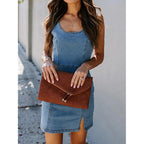 Womens Denim Dress Sexy Sleeveless Split Bodycon Mini Tube Jeans Short Dresses