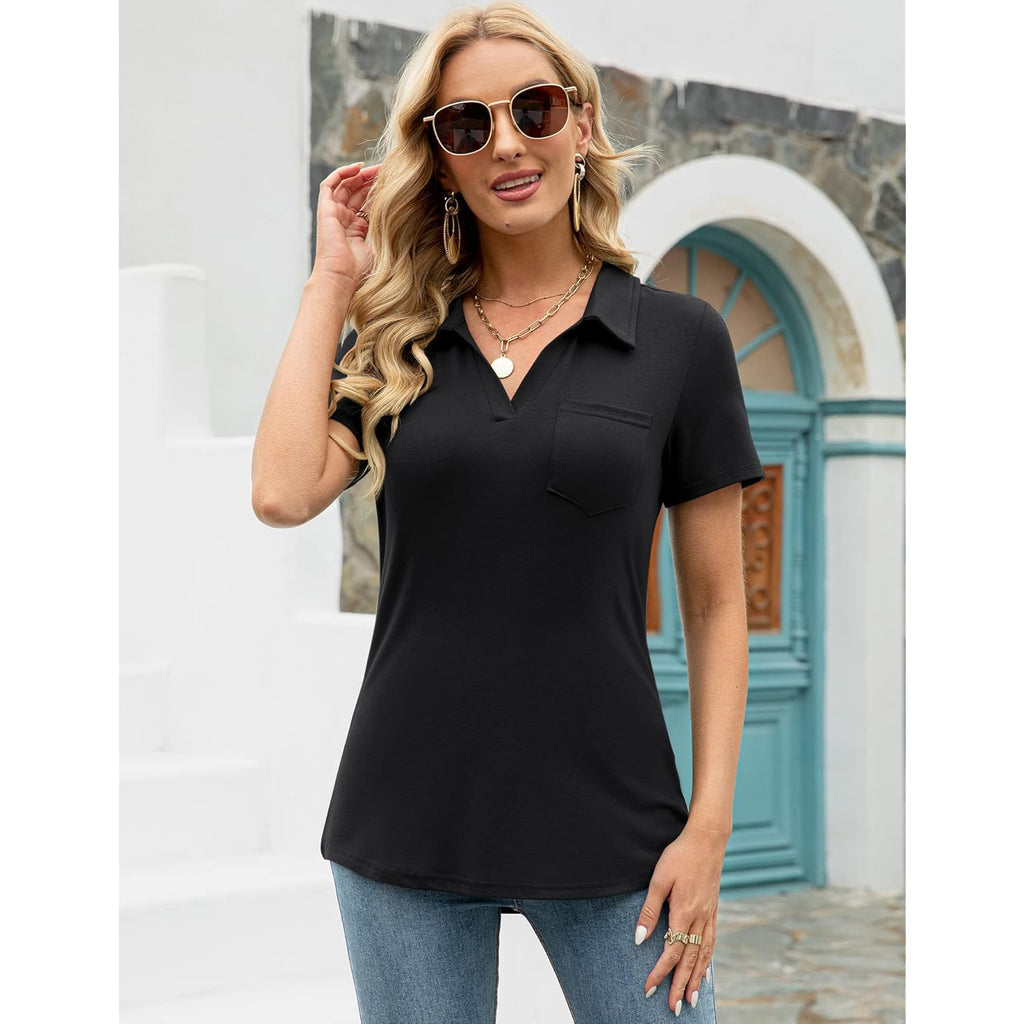 Womens V Neck Polo Shirts Short Sleeve Collared Tops Loose Casual Tunic Blouses with Pocket