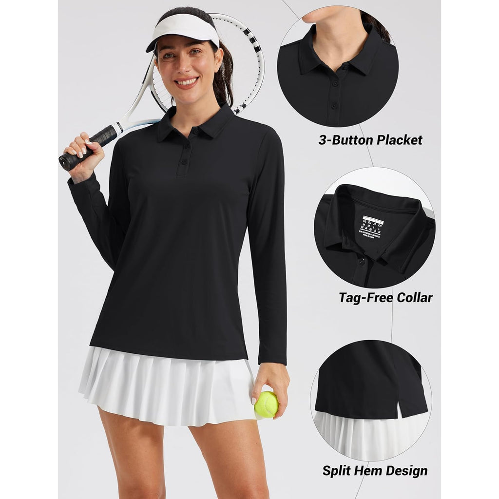 Women's Long Sleeve Polo Shirts UPF 50+ Golf Tops Moisture Wicking Collared Shirt Tennis 3-Button