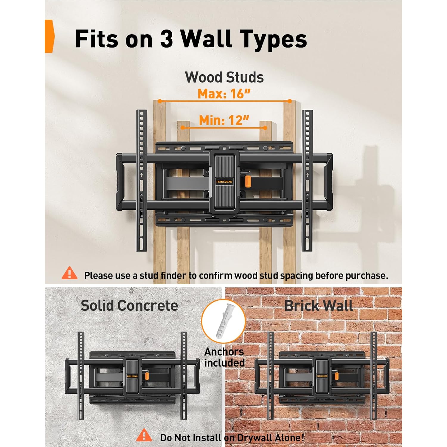 Perlegear UL-Listed Full Motion TV Wall Mount for 42–97 Inch Flat Curved TVs up to 132 lbs, 12″/16″ Wood Studs, TV Mount Bracket with Tool-Free Tilt, Swivel, Extension, Max VESA 600 x 400mm, PGLF15