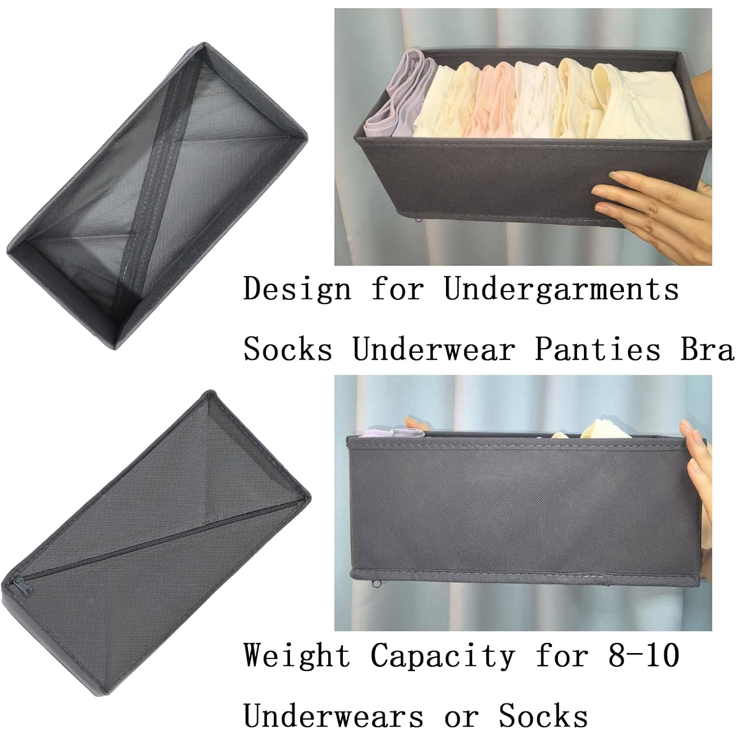 Bructhun Sock Drawer Organizer 3 Pack - Collapsible Fabric Storage Bins For Underwear Divider, Small Closet Organizers With 3 Compartments, Gray