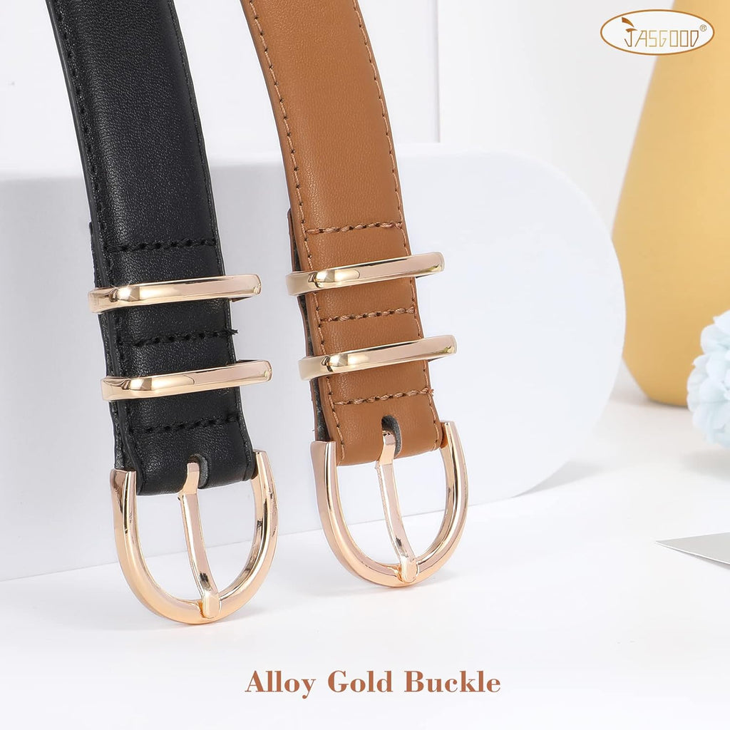 JASGOOD 2 Pack Women Leather Belt for Jeans Leather Waist Belts for Women Gold Buckle