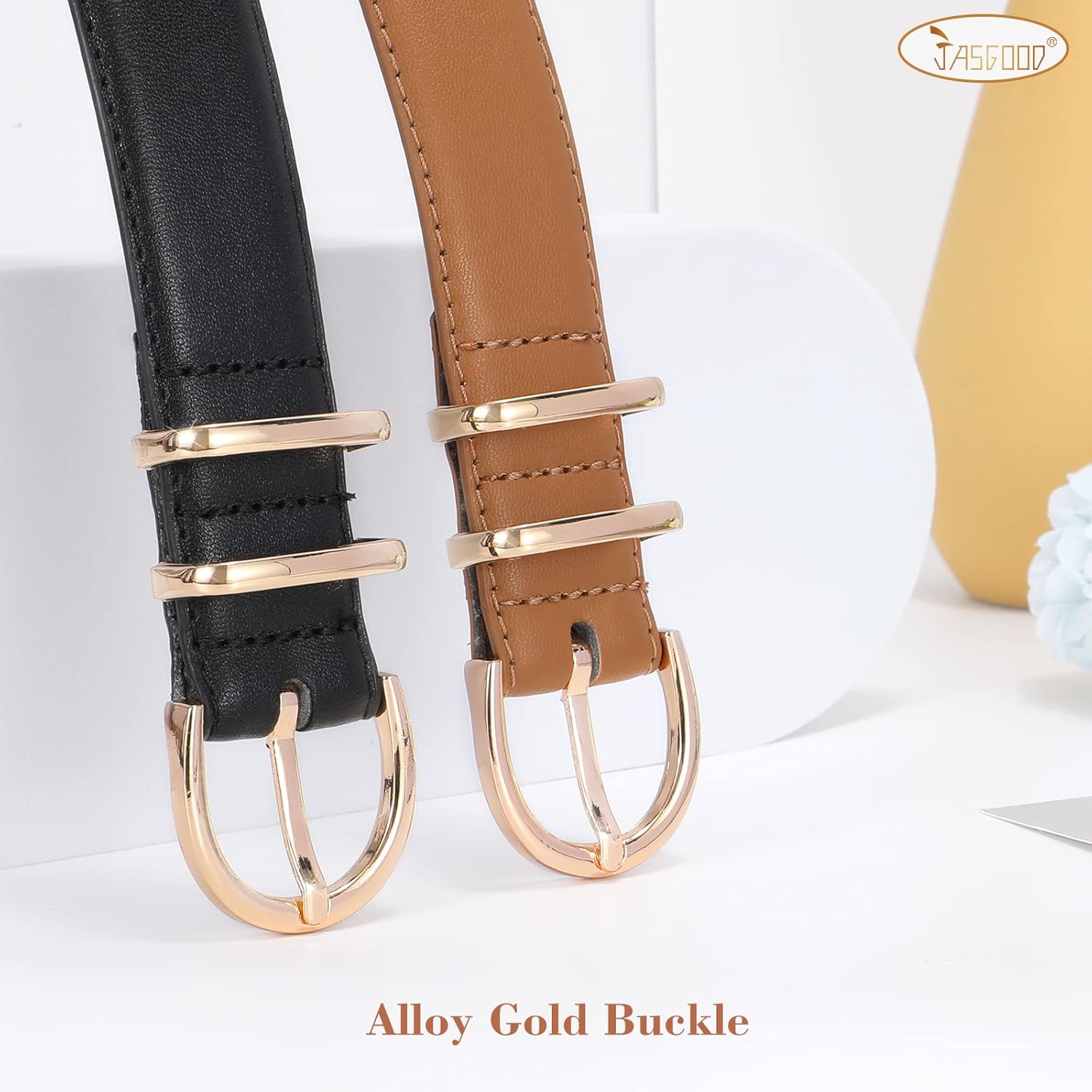 JASGOOD 2 Pack Women Leather Belt for Jeans Leather Waist Belts for Women Gold Buckle