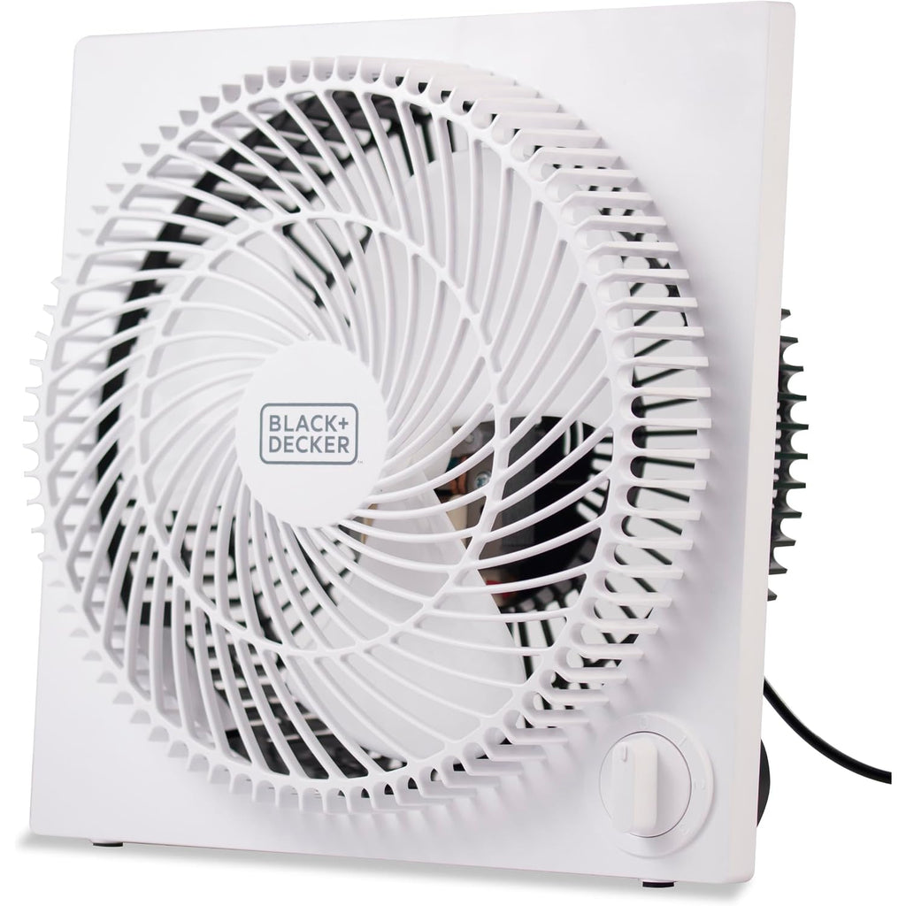 Black+Decker 9-Inch Frameless Box Fan, 3-Speed Settings, Bfb09W, White | Desk Fan With 3-Speed Settings, Quiet And Lightweight Portable For Home Office Or Garage, Self-Standing Frameless Design