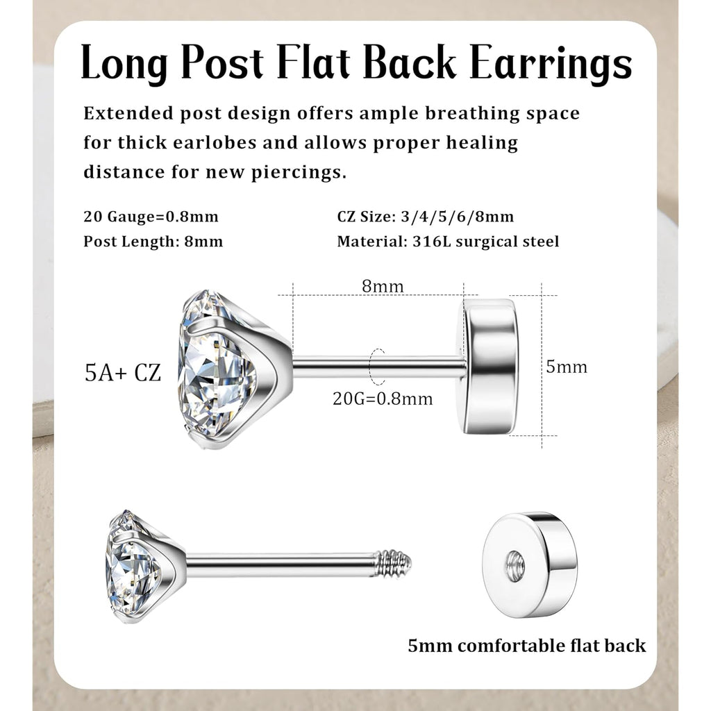 8MM Extra Long Post Earrings for Thick Earlobes 316L Surgical Stainless Steel Flat Back Earrings Hypoallergenic 5A Cubic Zirconia Stud Earrings for Women Men