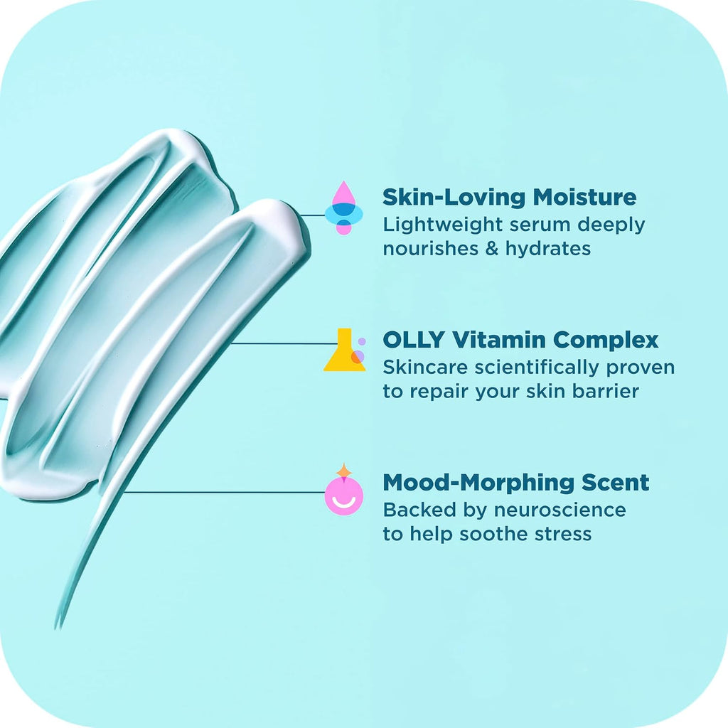 Olly Calm Body Lotion-Serum With Hyaluronic Acid, Adaptogens & Vitamin B3– Nourishing Cleanser For Skin Barrier Repair, Deep Hydration, Eucalyptus Amber Scent, 8Oz