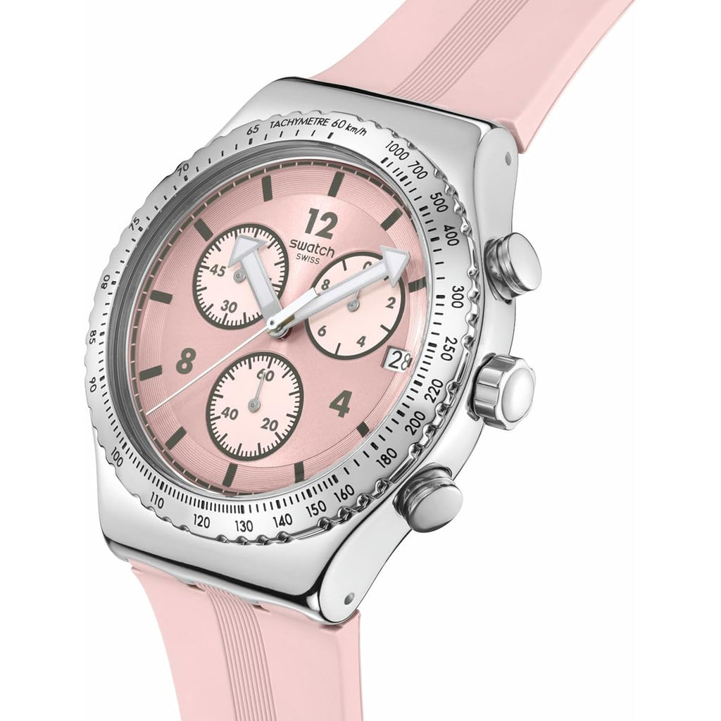 Swatch I New Chrono Unisex Watch Dress Stainless Steel Pink Quartz Waterproof Poppingly Pink