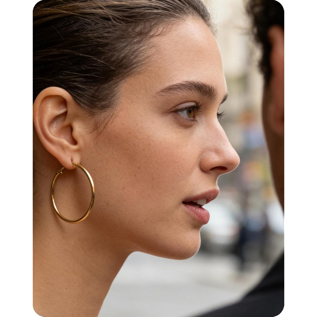 6 Pairs Silver Gold Hoop Earrings for Women - 14K Gold Plated 316 Stainless Steel, Hypoallergenic Lightweight 20/30/40/50/60/70mm Hoops Set
