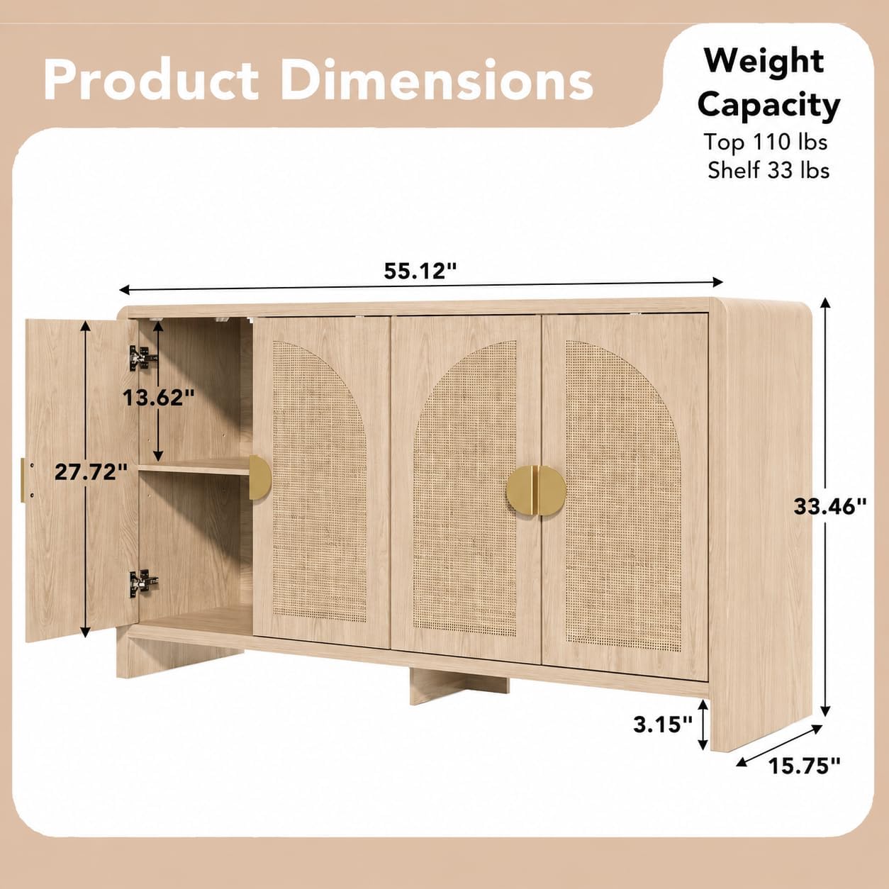 Rattan Sideboard Buffet Cabinet With Storage, 55" Accent Cabinet With Arch Doors & Adjustable Shelves, Boho Credenza Coffee Bar Console Table For Dining Room, Living Room, Entryway, Kitchen
