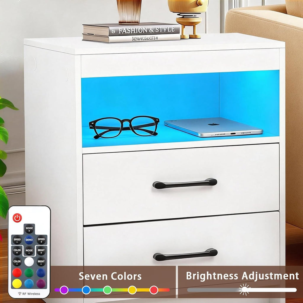 Night Stand With Charging Station And Ambient Light, Led Nightstand With Usb-C Ports And Outlets, Morden Bedside Table With 2 Drawers And Open Compartment, End Table For Bedroom, White