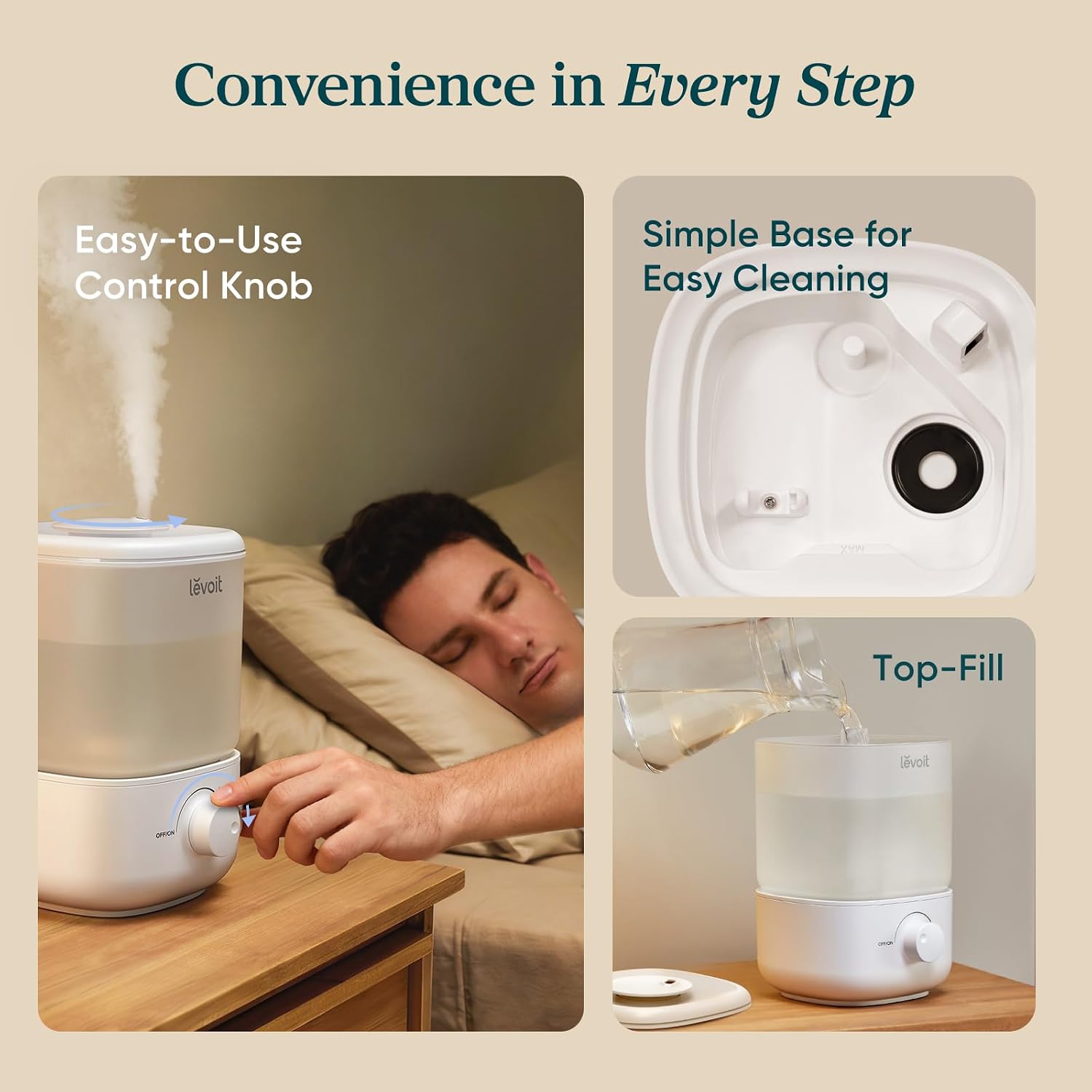 Levoit Top Fill Humidifiers For Bedroom, 2.5L Tank For Large Room, 28Db | Easy To Fill & Clean, Quiet Cool Mist Air Humidifier For Home Baby Nursery & Plants, Auto Shut-Off For Safety, 25H Lasting