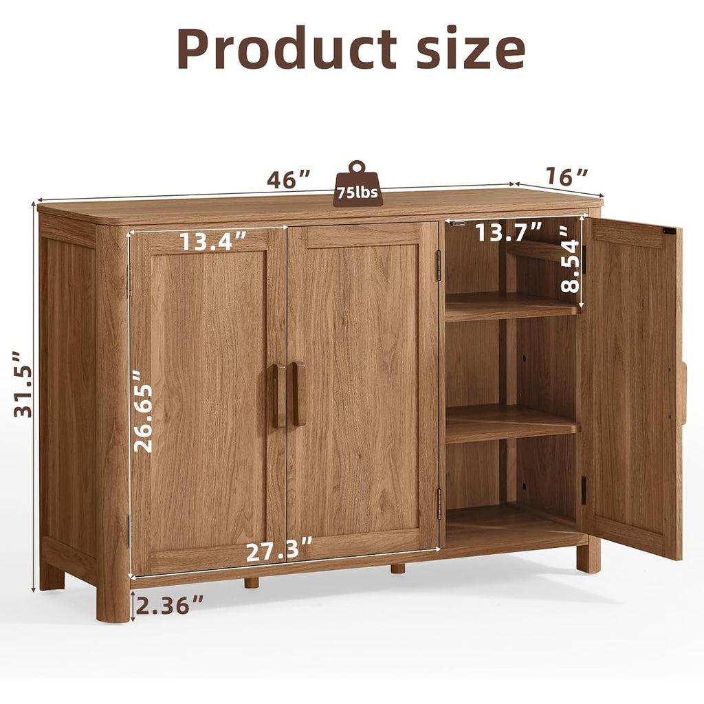 Joaxswe Sideboard Buffet Cabinet With Storage, 46" Arc-Shaped Credenza With 3 Doors & Adjustable Shelves, Mid Century Modern Coffee Bar Cabinet For Kitchen, Living Room, Entryway, Darkwood
