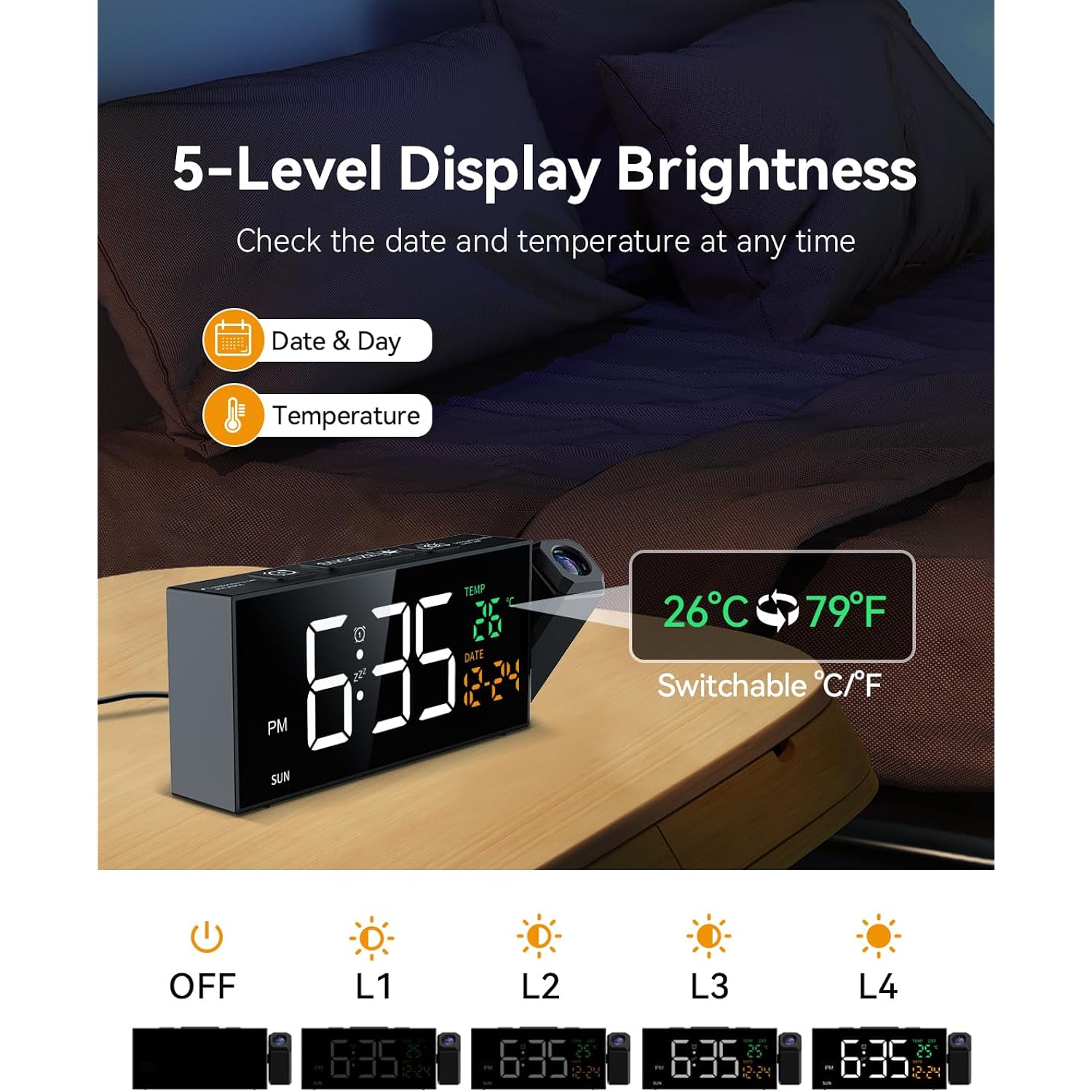 Projection Clock For Bedroom Ceiling, Alarm Clocks With 180° Rotatable Projector, Date Temperature And Weekday, Manual Dst, 5 Brightness, 10 Ringtones, 4 Volumes And Snooze (Black)
