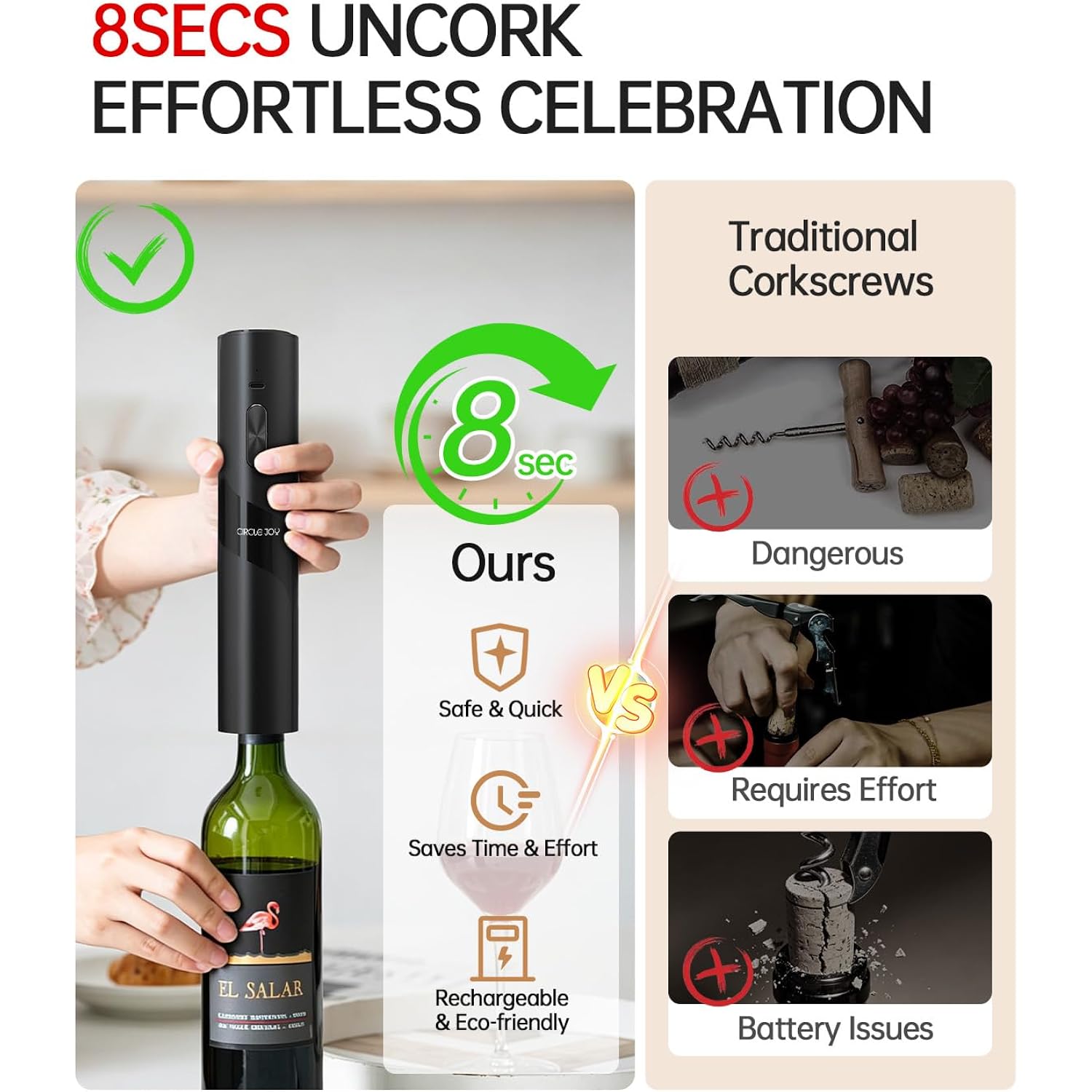 Circle Joy Electric Wine Opener Rechargeable, 7-In-1 Automatic Wine Bottle Opener Gift Set With Electric Vacuum Pump, Foil Cutter, Aerator Pourer, 2 Stoppers & Charging Base, Black