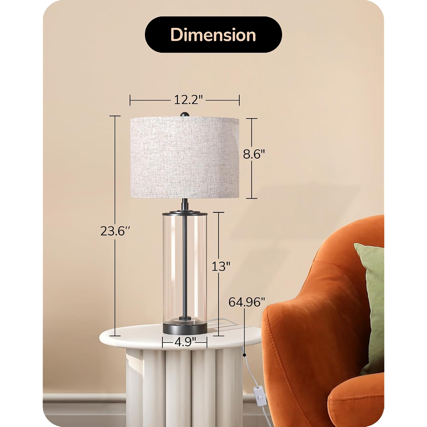 Edishine 23.6" Glass Table Lamp Set Of 2, Diy Refillable, Rotary Switch | Modern Bedside Lamp With Linen Lampshade, E26 Base, Nightstand Light For Living Room, Bedroom, Office