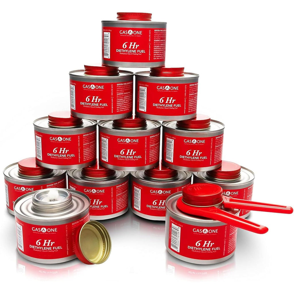 Gas One 12 Pack 6 Hour Chafing Fuel - Food Warmer for Chafing Dish Buffet Set - Reusable Liquid Safe Fuel With Wick & Lid Opener