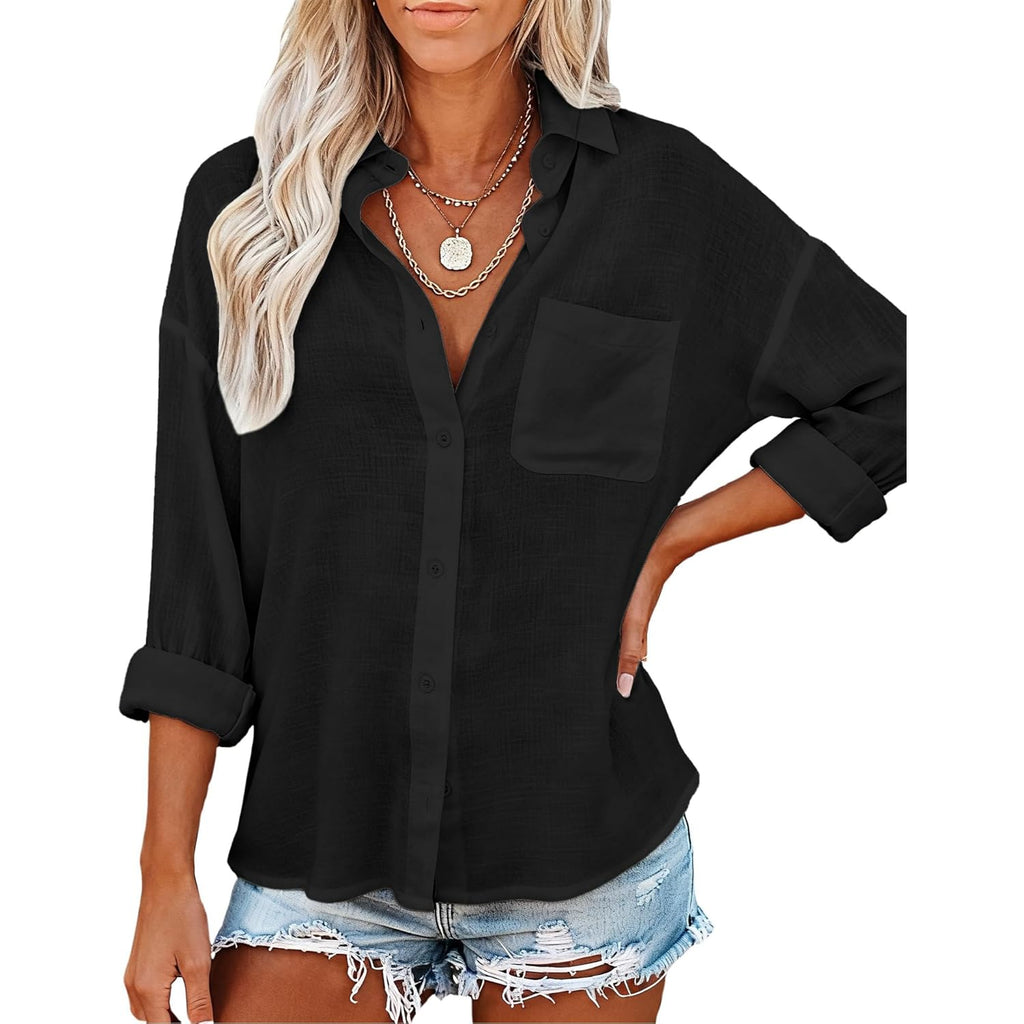Womens Button Down Shirts Long Sleeve Linen Casual Collared Blouses Loose Fit