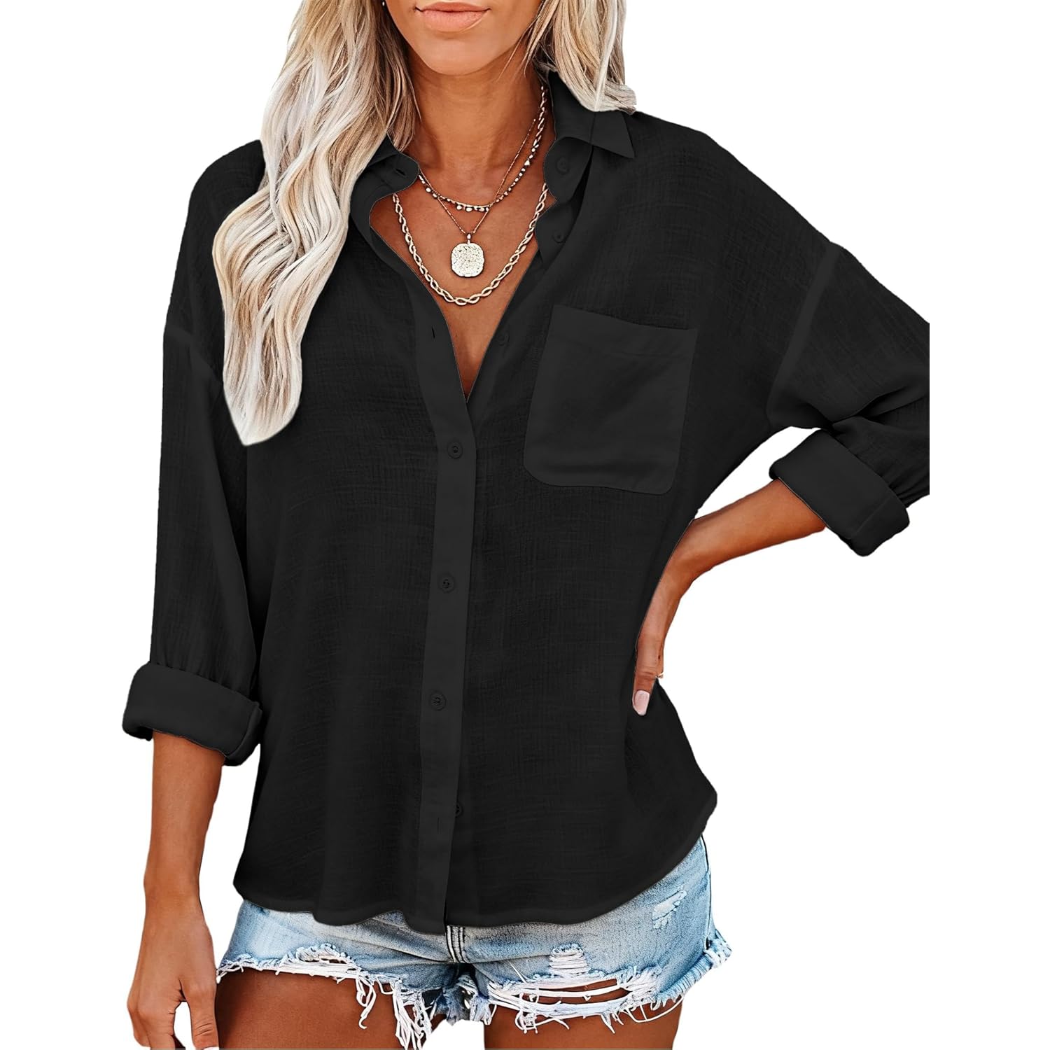 Womens Button Down Shirts Long Sleeve Linen Casual Collared Blouses Loose Fit