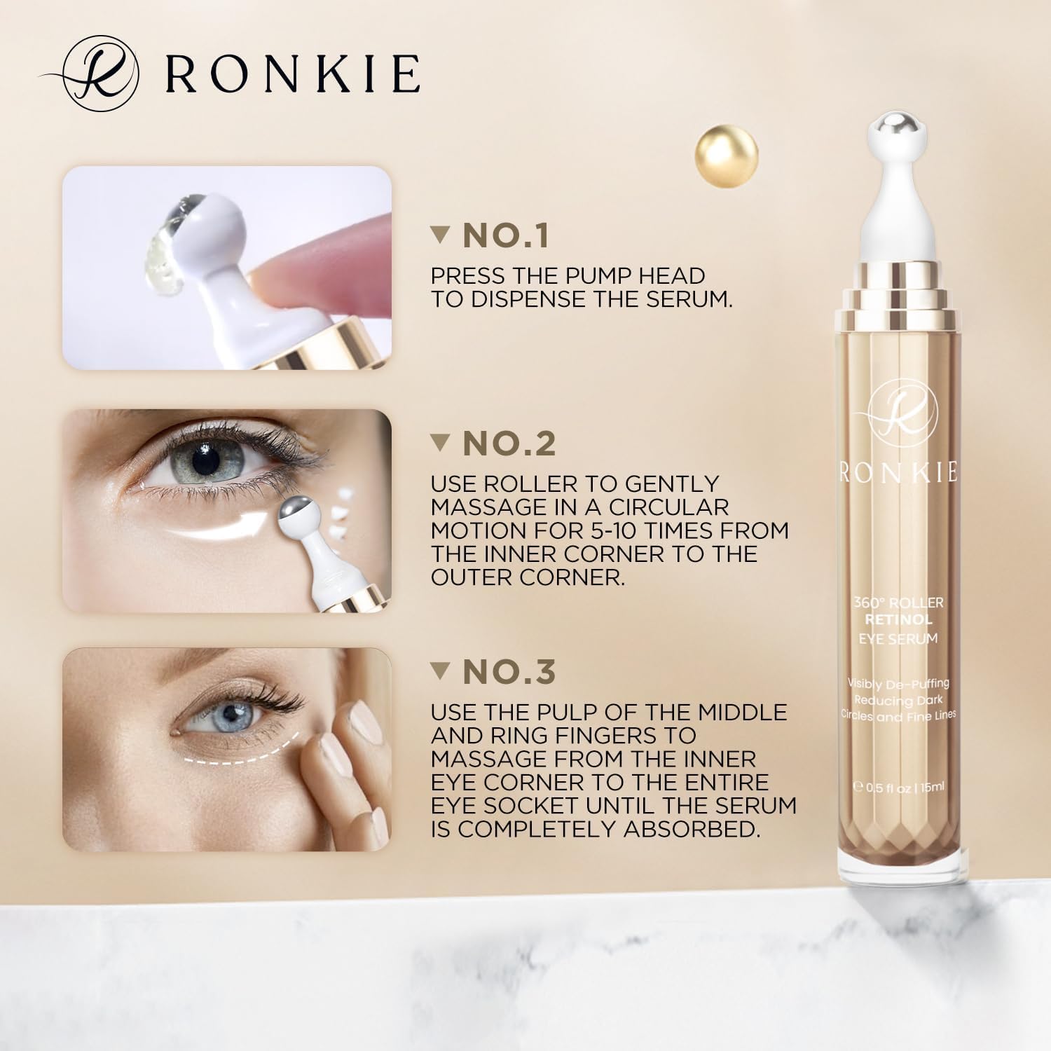 Ronkie Eye Cream For Dark Circles: Under Eye Cream With Retinol Caffeine - Reduces Under Eye Bags And Fine Lines (Gold, 15Ml)