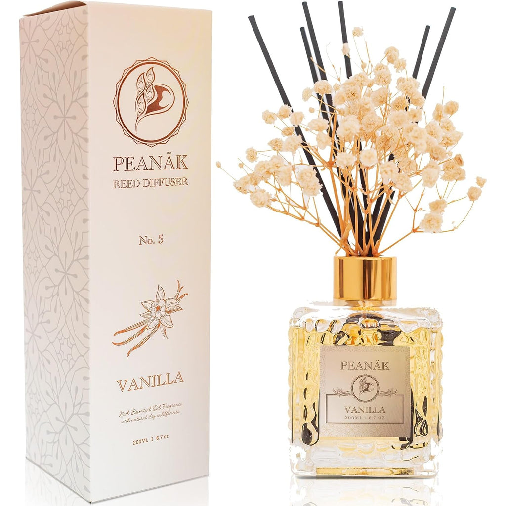 Reed Diffuser Set - Vanilla Coconut Oil, Oil Diffuser Sticks, Bathroom Diffuser, Bathroom Shelf Decor, 200Ml With Preserved Flowers - Peanäk