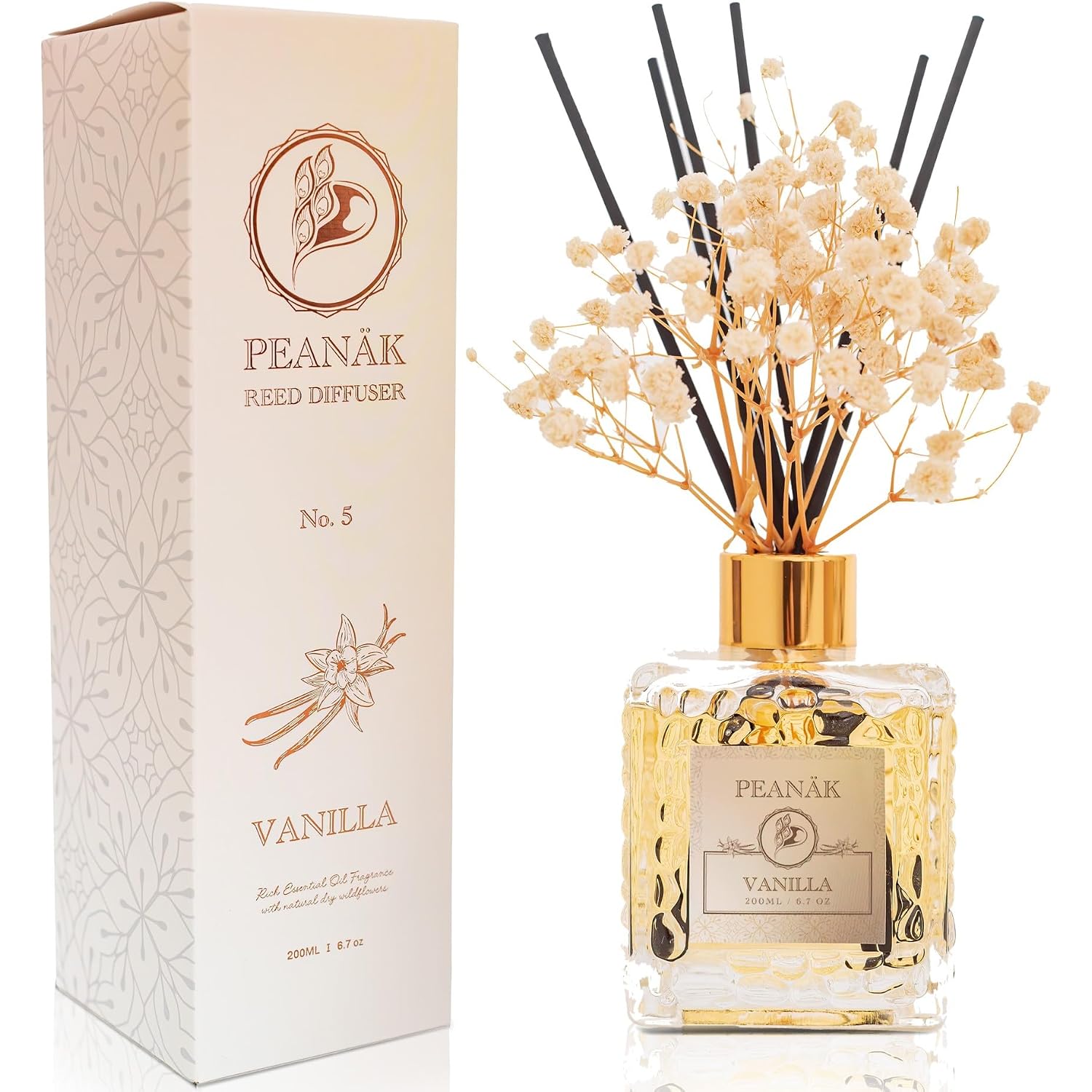 Reed Diffuser Set - Vanilla Coconut Oil, Oil Diffuser Sticks, Bathroom Diffuser, Bathroom Shelf Decor, 200Ml With Preserved Flowers - Peanäk