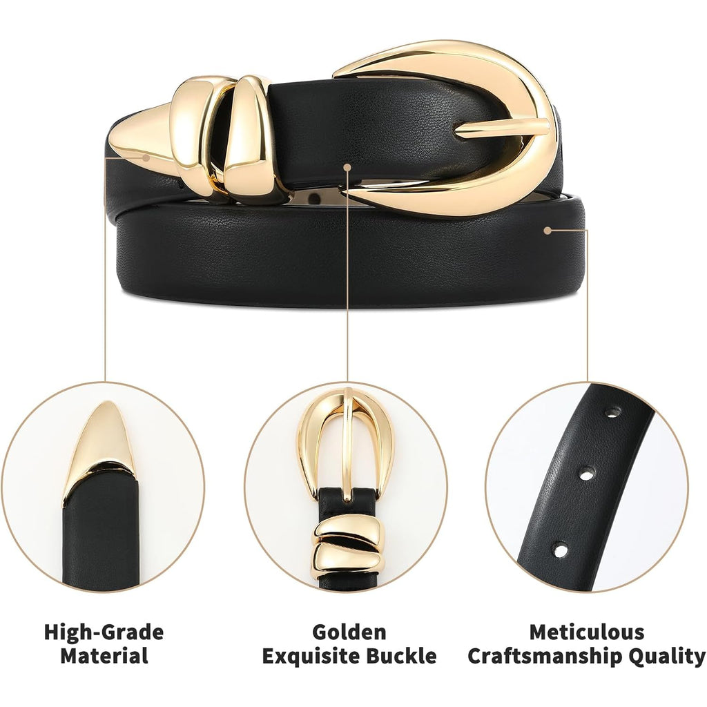 RISANTRY Leather Belt for Women Stylish Design with Gold Buckle Ladies Black Belt Perfect for Jeans Dresses
